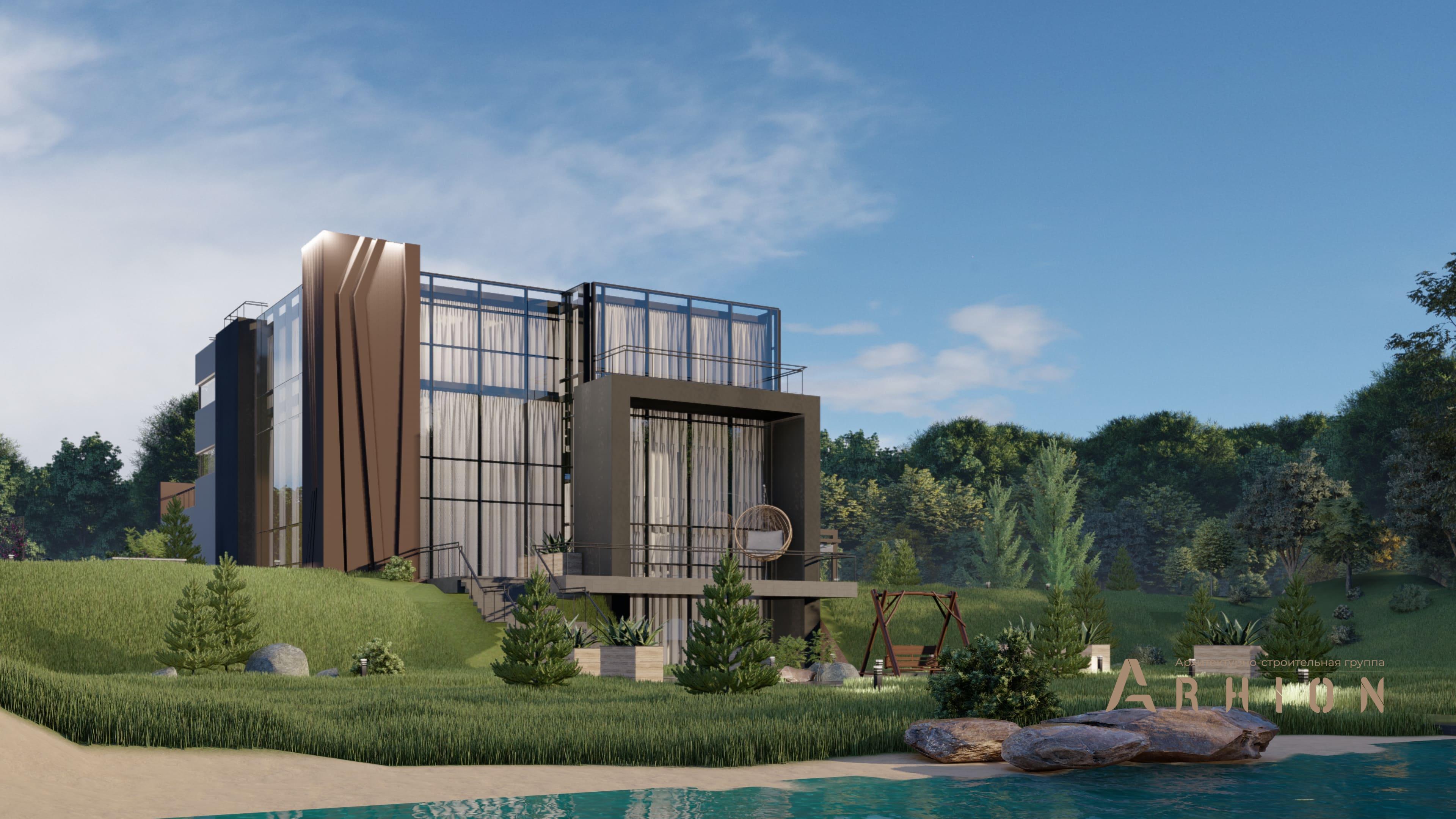 1. Проект двухэтажного дома в стиле хай-тек с плоской кровлей , H-102, площадью - 721 кв c цокольным этажом, терассой, балконом, гаражом