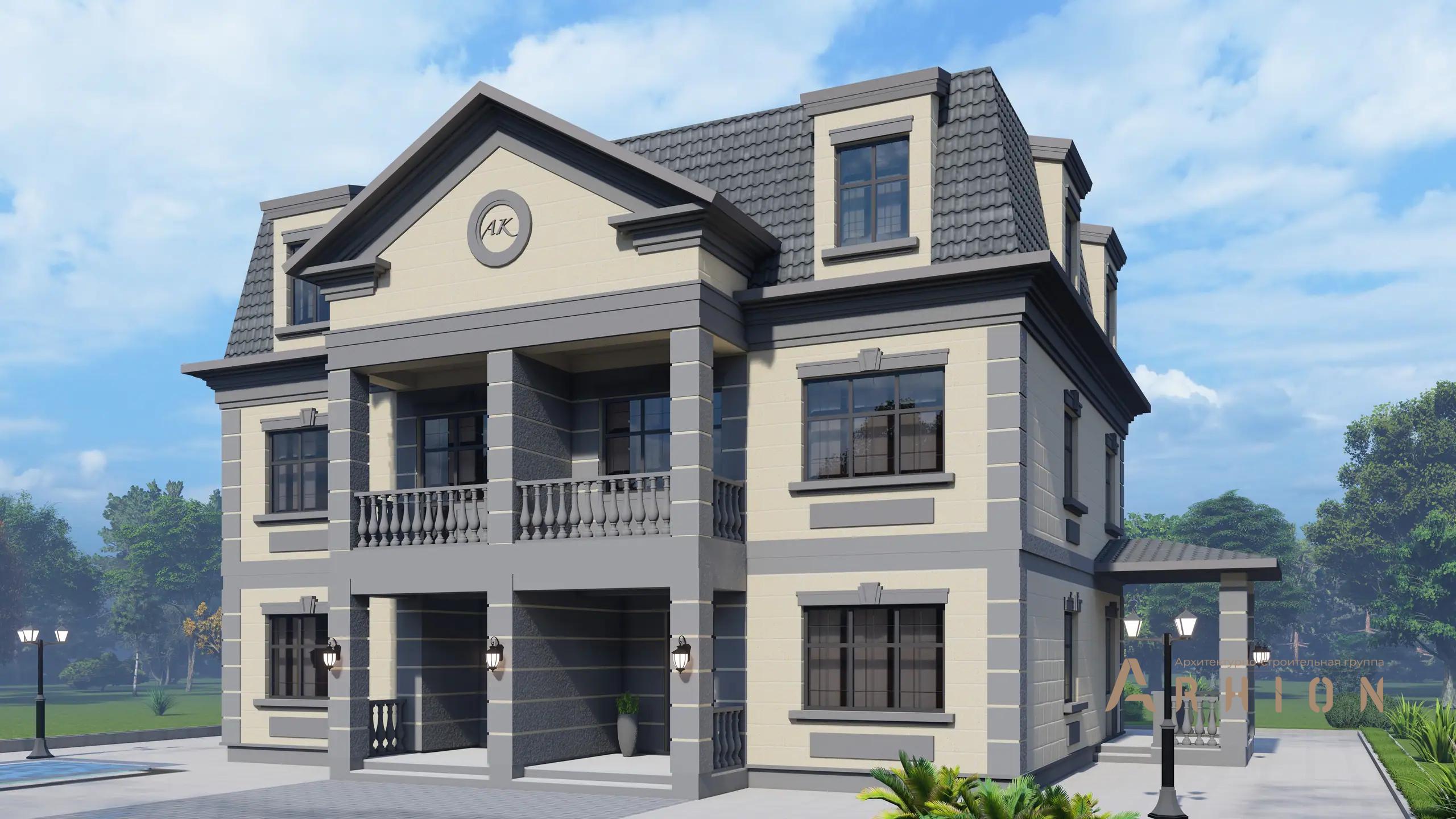 2. Проект двухэтажного дома в дворцовом стиле с многоскатной кровлей, H-1021, площадью - 331 кв c мансардой, терассой, балконом