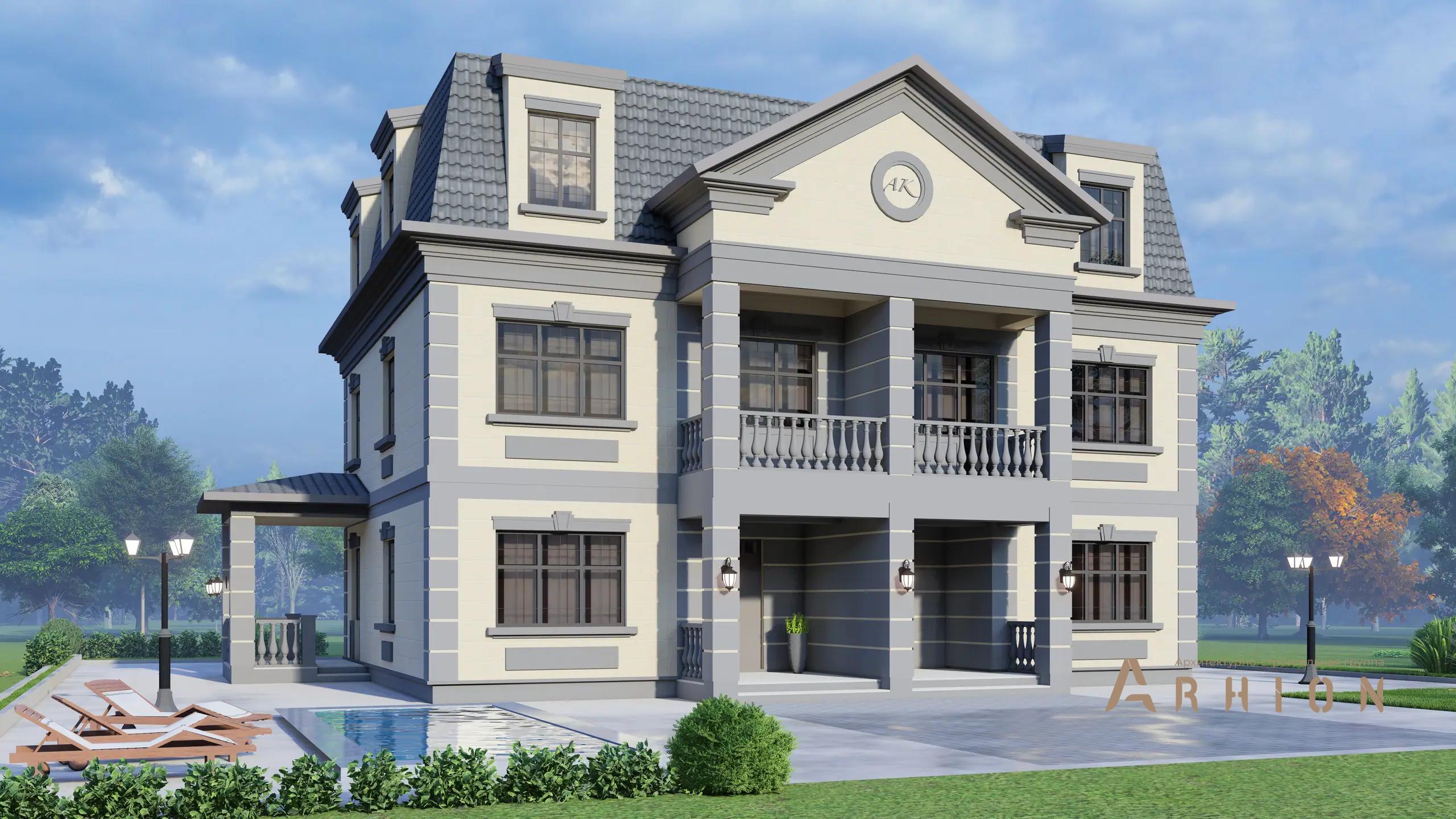 1. Проект двухэтажного дома в дворцовом стиле с многоскатной кровлей, H-1021, площадью - 331 кв c мансардой, терассой, балконом