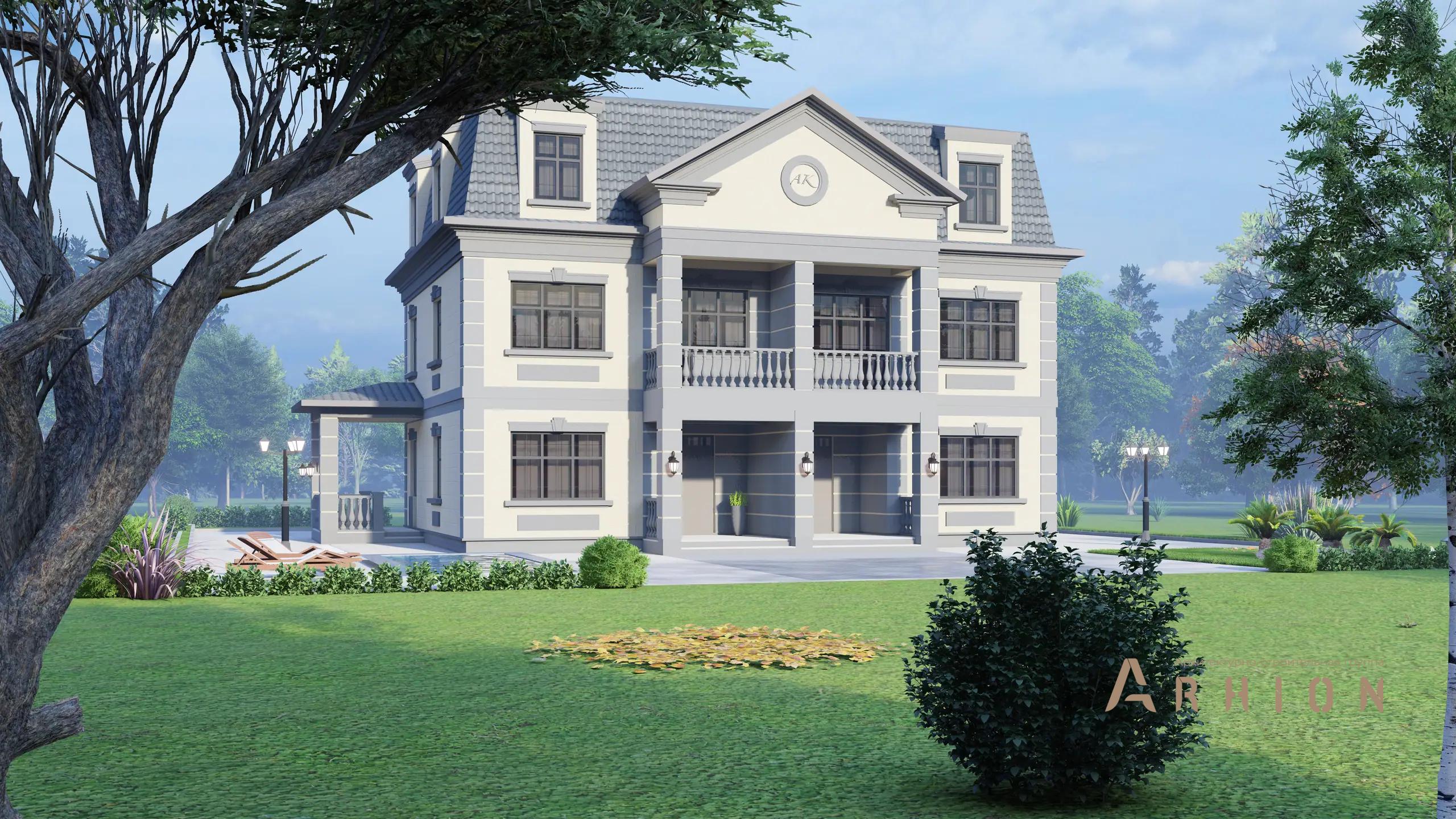 5. Проект двухэтажного дома в дворцовом стиле с многоскатной кровлей, H-1021, площадью - 331 кв c мансардой, терассой, балконом