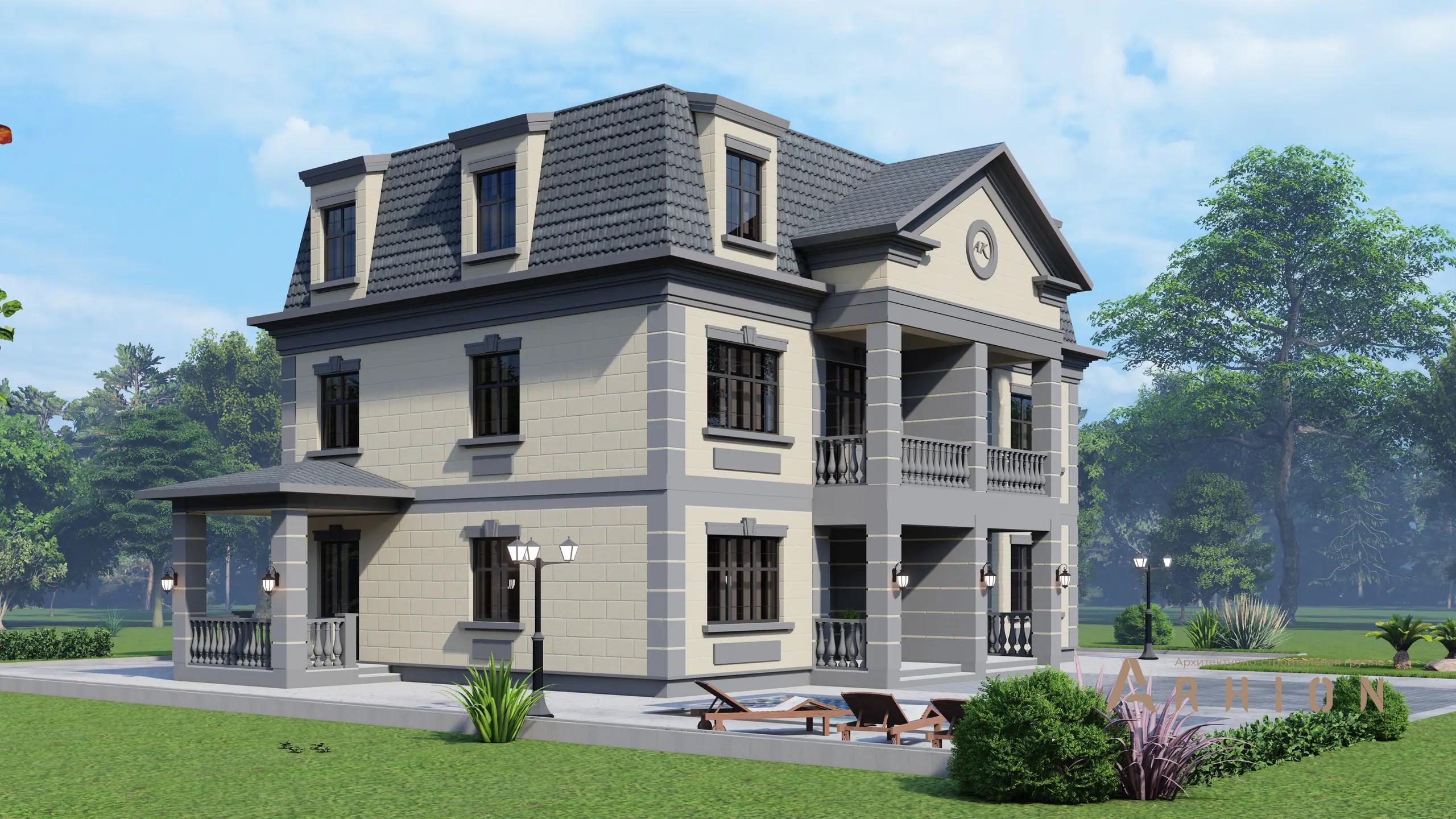 6. Проект двухэтажного дома в дворцовом стиле с многоскатной кровлей, H-1021, площадью - 331 кв c мансардой, терассой, балконом