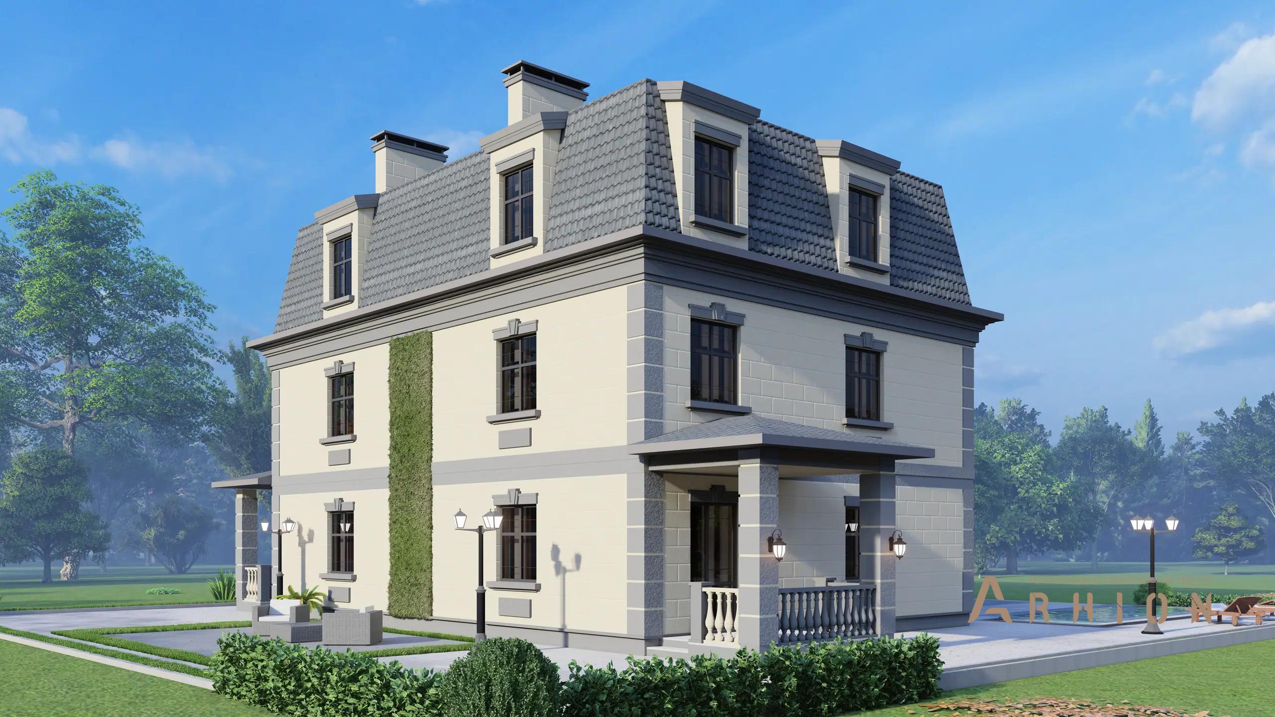 7. Проект двухэтажного дома в дворцовом стиле с многоскатной кровлей, H-1021, площадью - 331 кв c мансардой, терассой, балконом