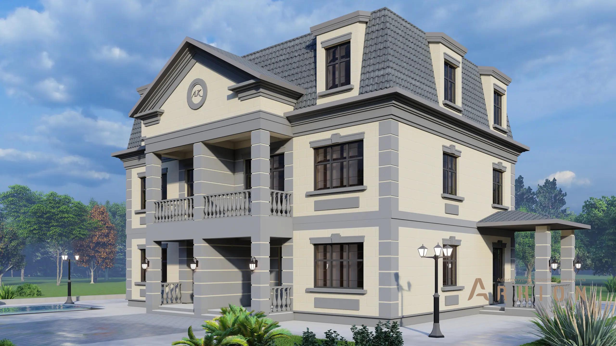 8. Проект двухэтажного дома в дворцовом стиле с многоскатной кровлей, H-1021, площадью - 331 кв c мансардой, терассой, балконом