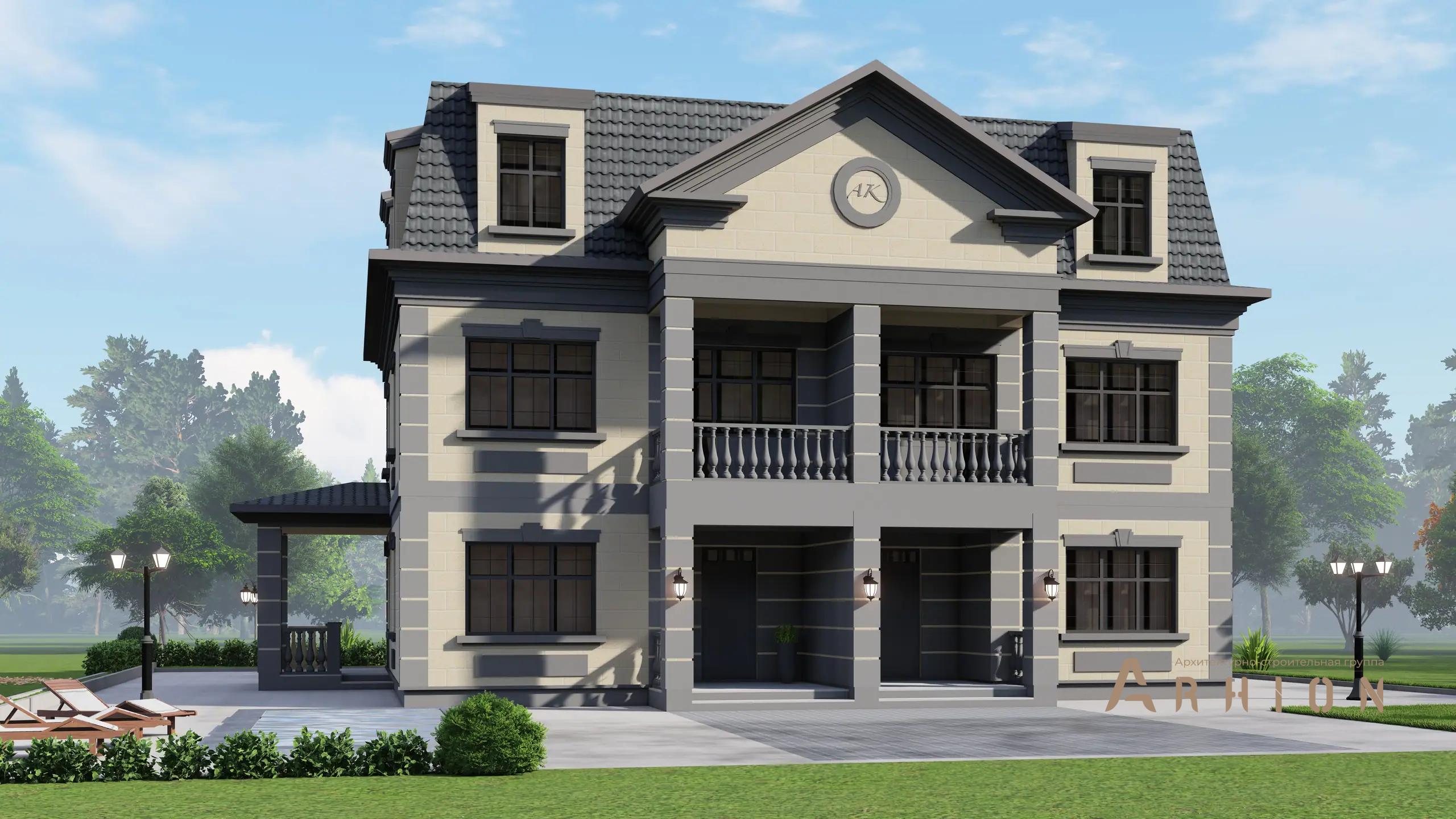 9. Проект двухэтажного дома в дворцовом стиле с многоскатной кровлей, H-1021, площадью - 331 кв c мансардой, терассой, балконом