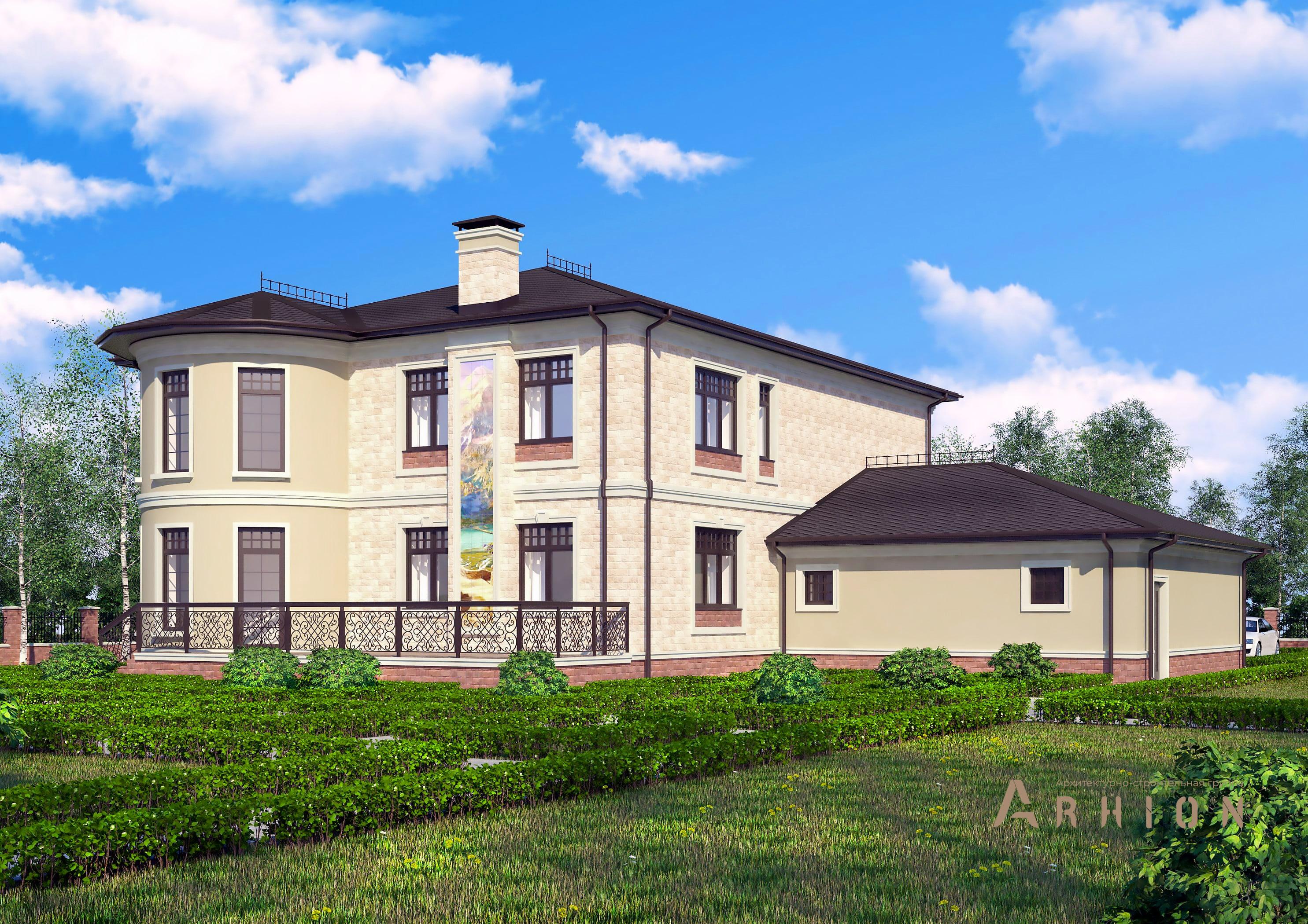 1. Проект двухэтажного дома в классическом стиле с многоскатной кровлей, H-1028, площадью - 464 кв c терассой, гаражом, эркером