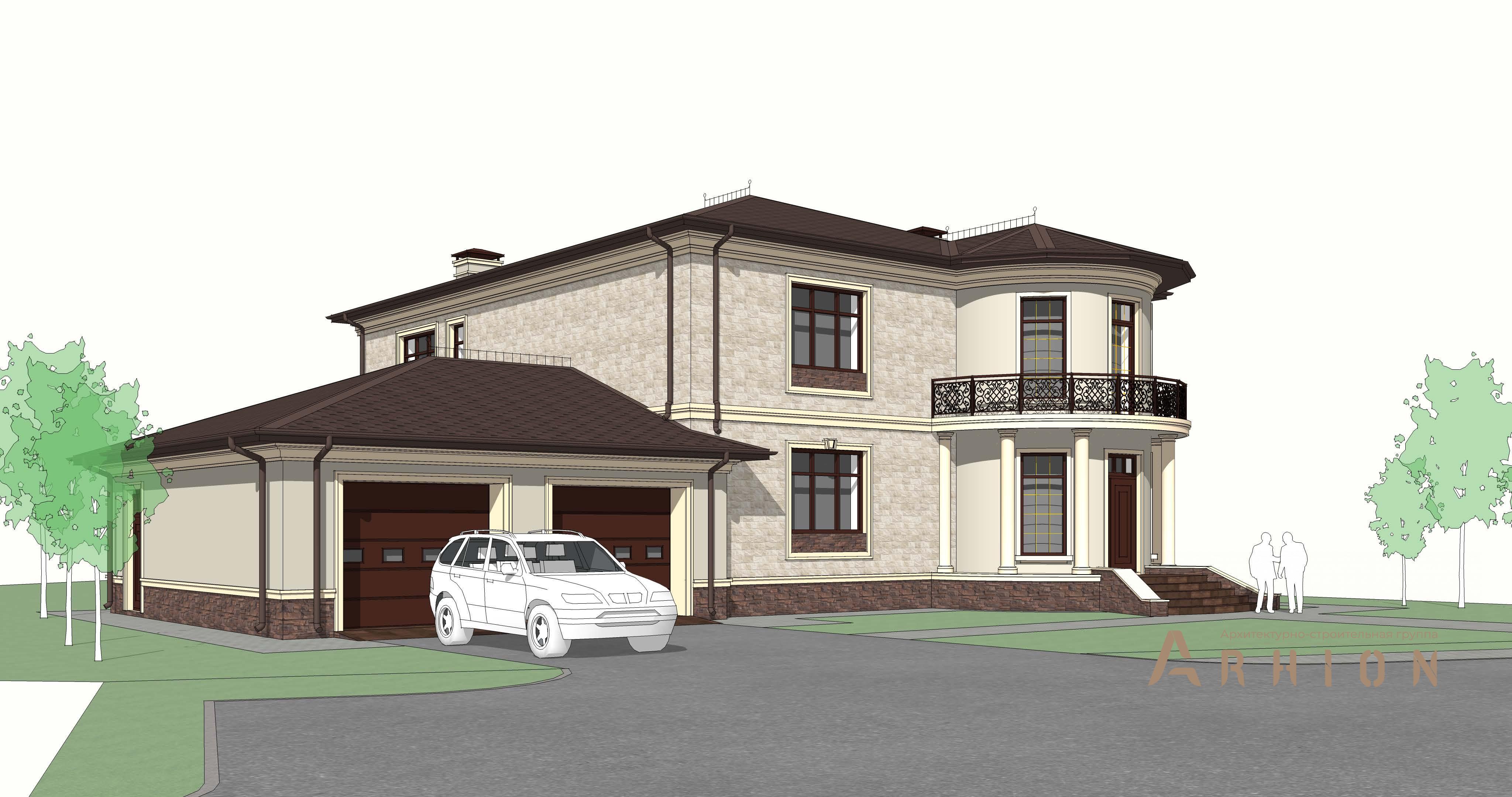 2. Проект двухэтажного дома в классическом стиле с многоскатной кровлей, H-1028, площадью - 464 кв c терассой, гаражом, эркером