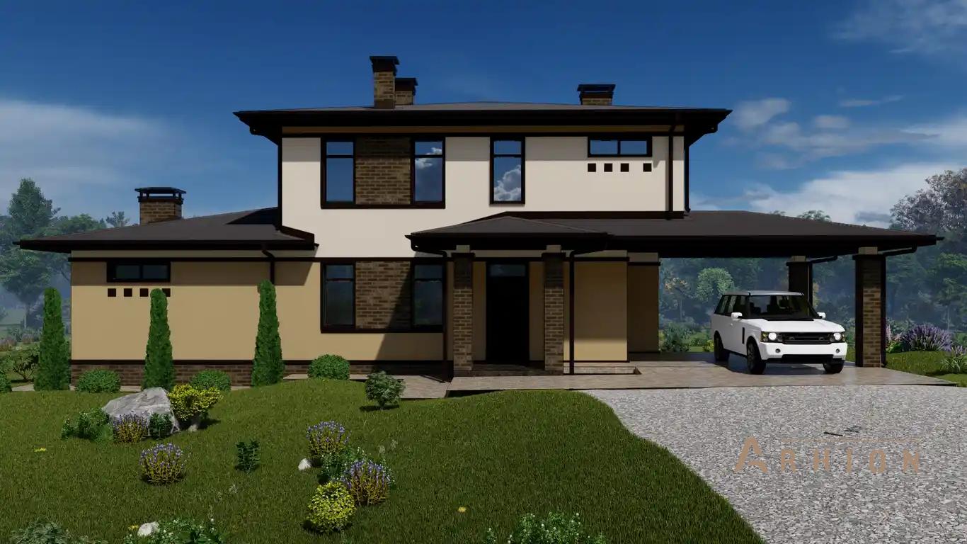 1. Проект двухэтажного дома в современном стиле с многоскатной кровлей, H-1031, площадью - 270 кв c сауной, терассой, гаражом, бассейном