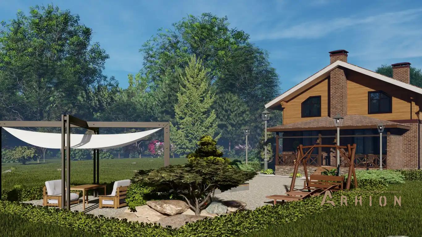 2. Проект одноэтажного дома в канадском стиле с двускатной кровлей, H-1037, площадью - 172 кв c мансардой, терассой