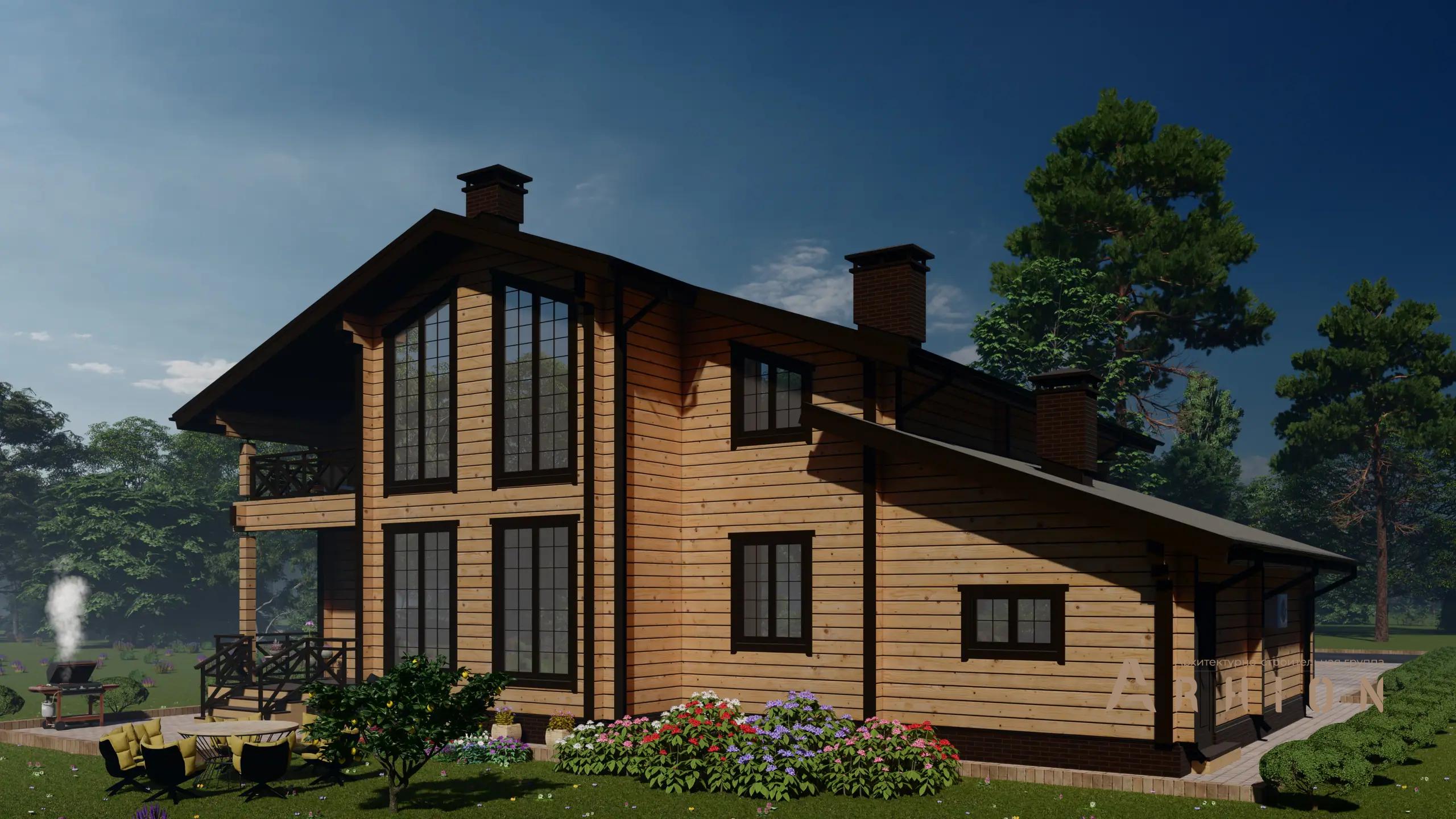 3. Проект двухэтажного дома в скандинавском стиле с двускатной кровлей, H-1039, площадью - 152 кв c сауной, терассой, балконом, гаражом