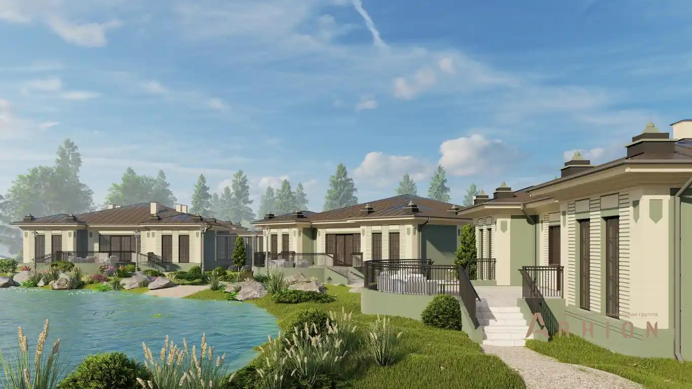 1. Проект одноэтажного дома в классическом стиле с многоскатной кровлей, H-1040, площадью - 1141 кв c терассой