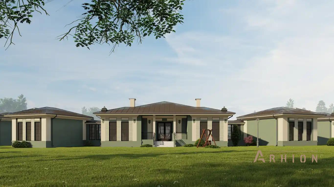 6. Проект одноэтажного дома в классическом стиле с многоскатной кровлей, H-1040, площадью - 1141 кв c терассой