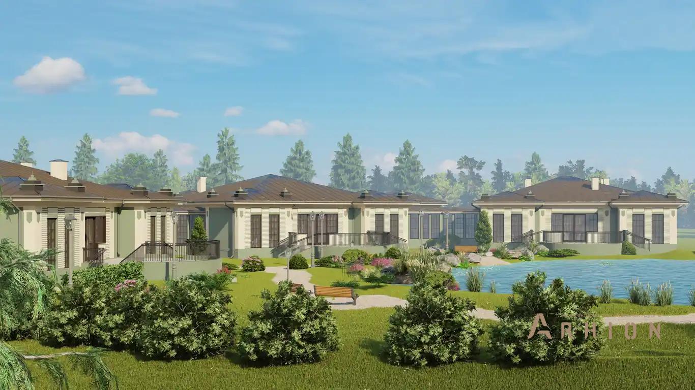 9. Проект одноэтажного дома в классическом стиле с многоскатной кровлей, H-1040, площадью - 1141 кв c терассой