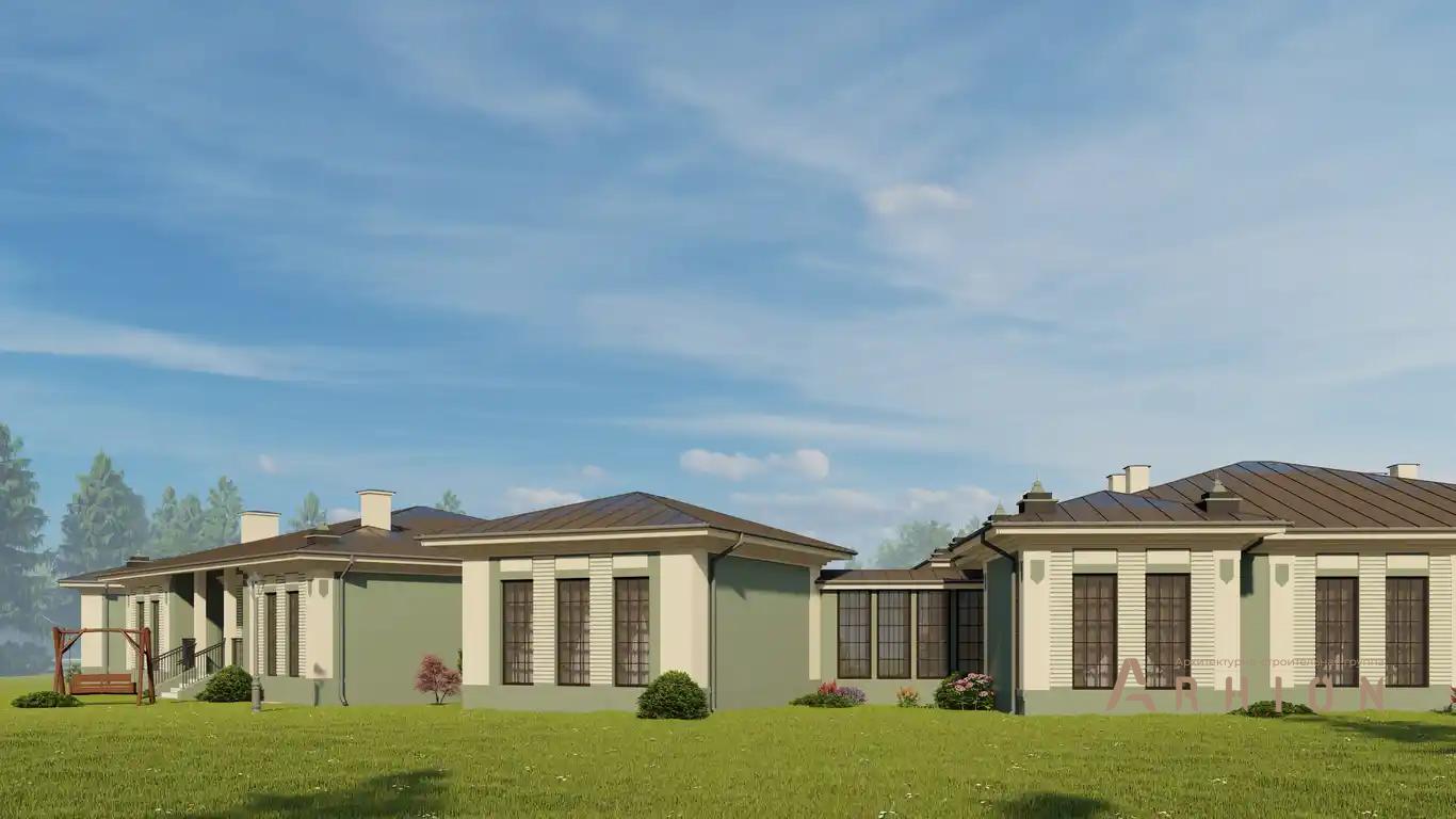 8. Проект одноэтажного дома в классическом стиле с многоскатной кровлей, H-1040, площадью - 1141 кв c терассой