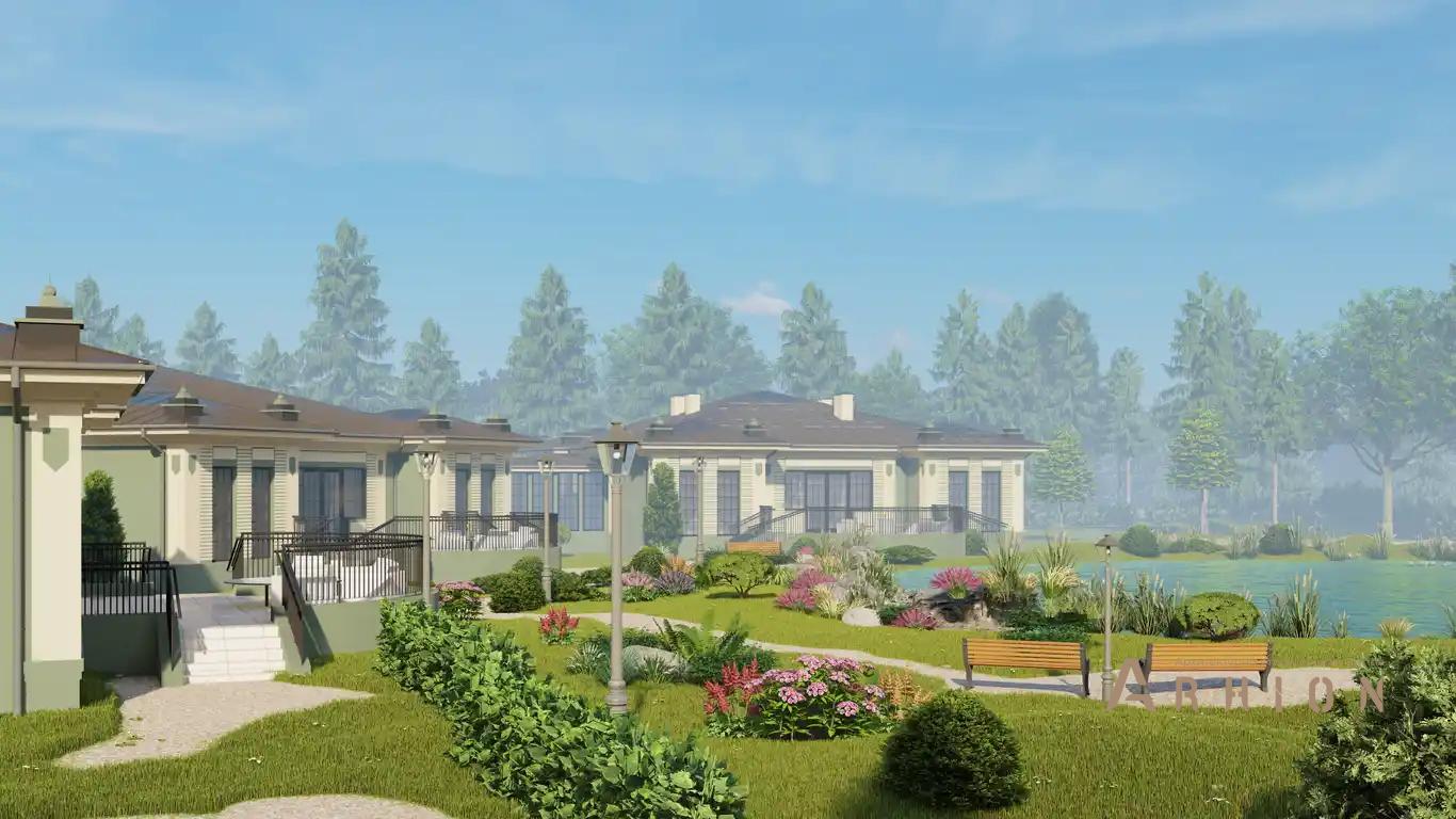 7. Проект одноэтажного дома в классическом стиле с многоскатной кровлей, H-1040, площадью - 1141 кв c терассой