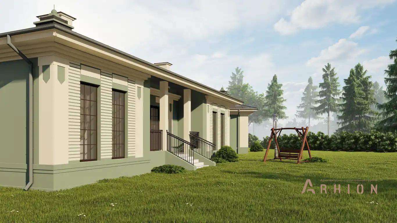 2. Проект одноэтажного дома в классическом стиле с многоскатной кровлей, H-1040, площадью - 1141 кв c терассой