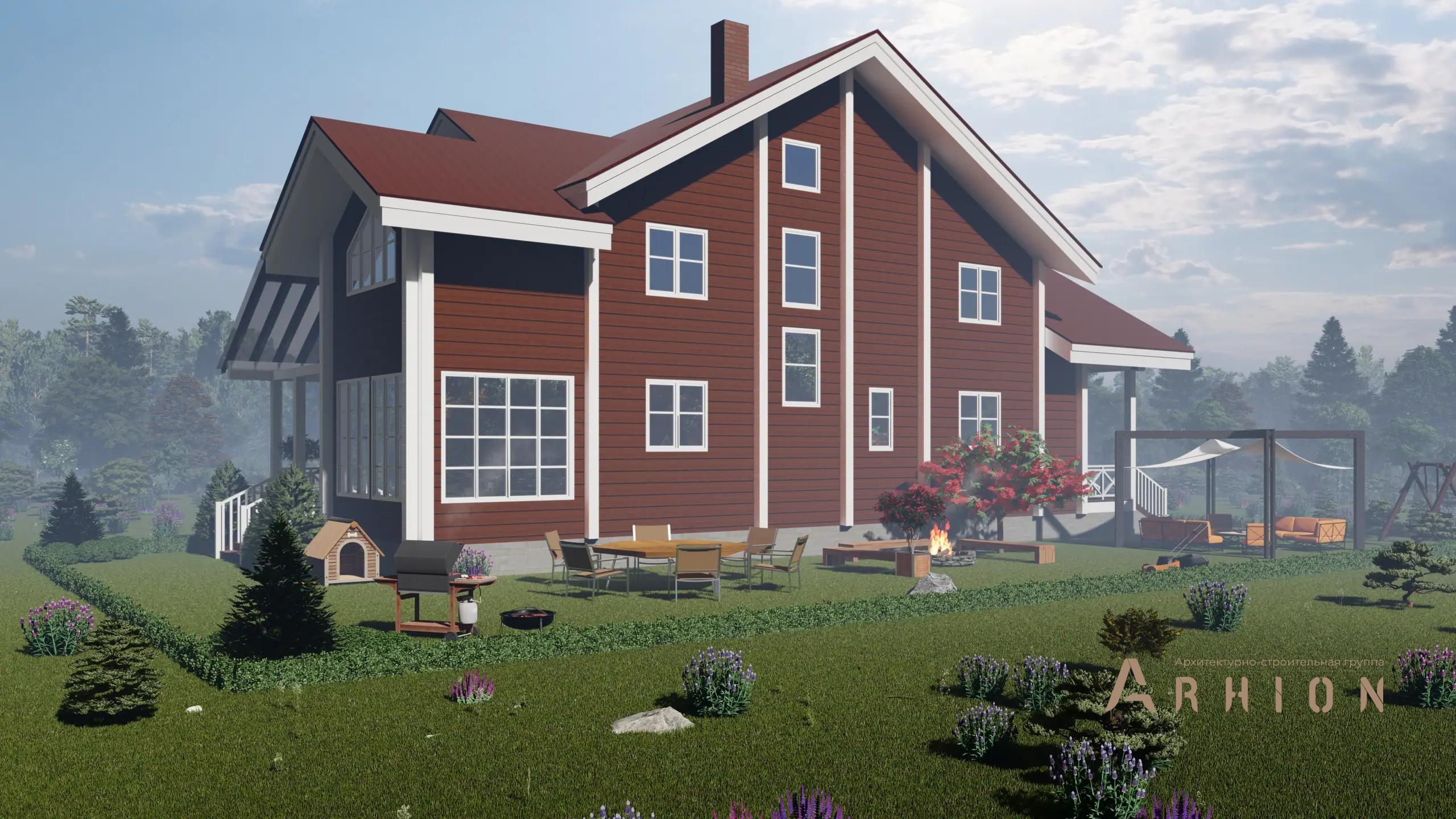 2. Проект одноэтажного дома в европейском стиле с четырехскатной, H-1041, площадью - 253 кв c мансардой, терассой, балконом, вторым светом