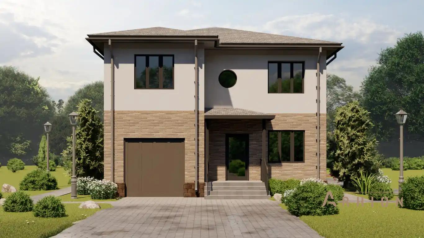 1. Проект двухэтажного дома в европейском стиле с четырехскатной, H-1042, площадью - 154 кв c гаражом