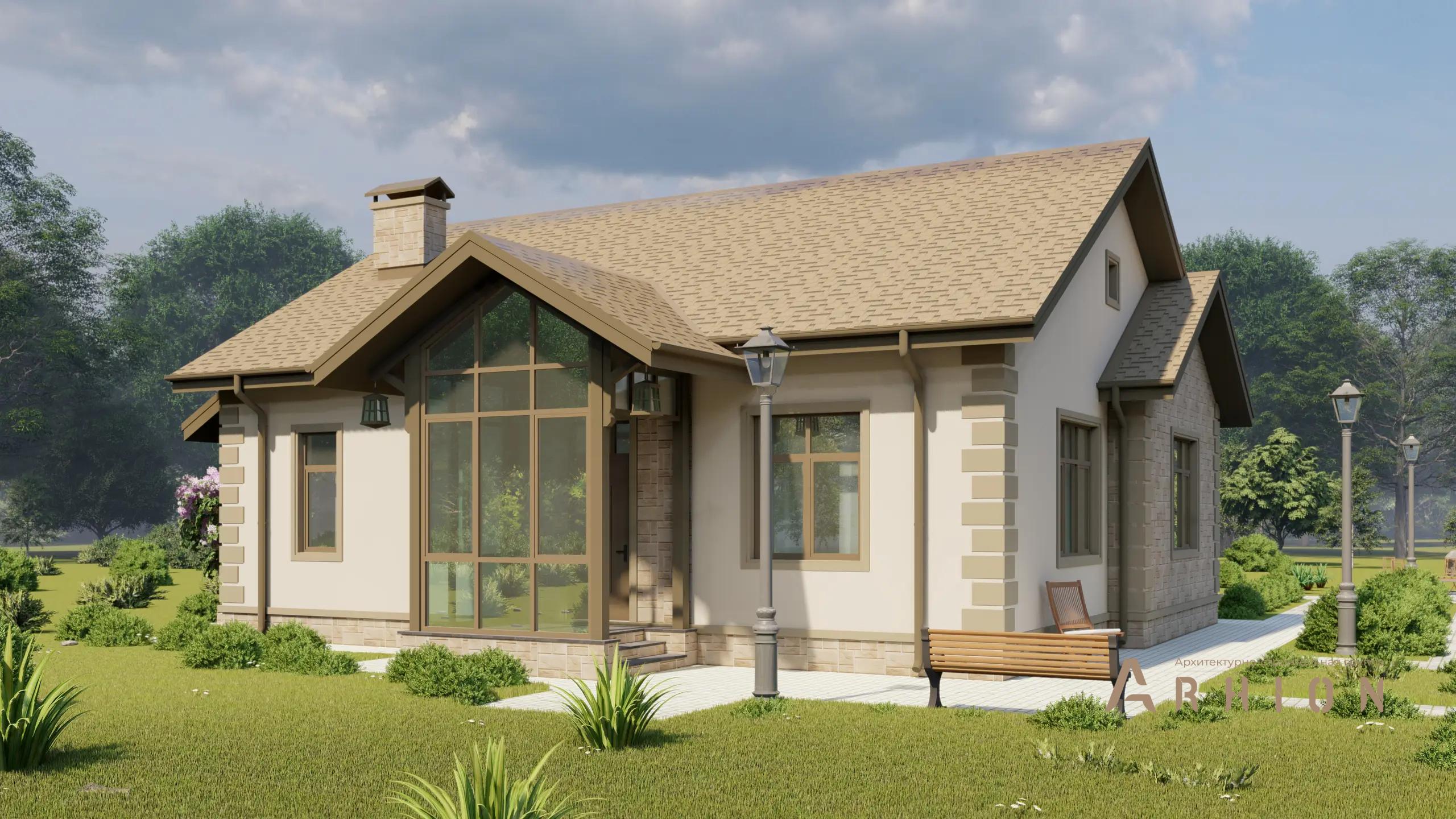 1. Проект одноэтажного дома в европейском стиле с двускатной кровлей, H-1048, площадью - 112 кв