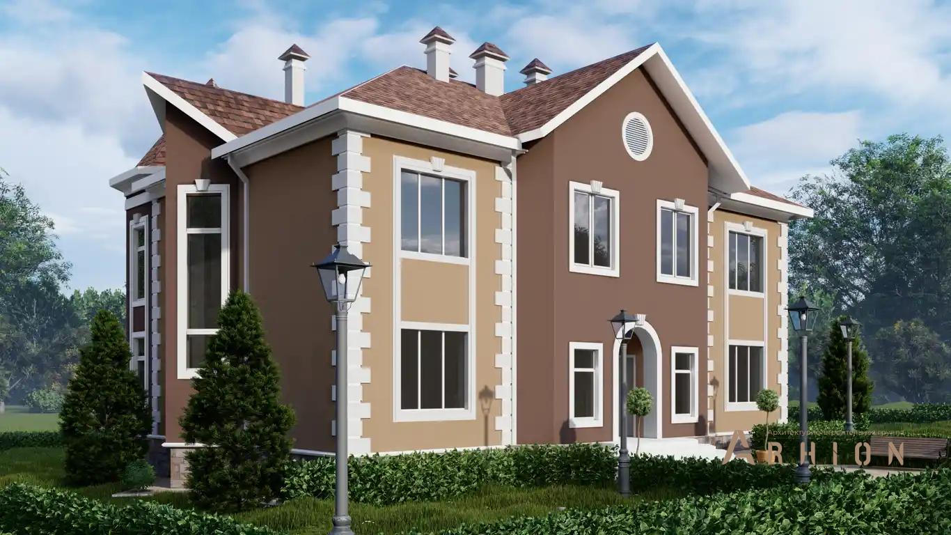 1. Проект двухэтажного дома в стиле модерн с многоскатной кровлей, H-1104, площадью - 294 кв c эркером