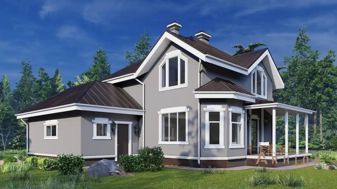 1. Проект одноэтажного дома в европейском стиле с многоскатной кровлей, H-1106, площадью - 172 кв c мансардой, терассой, гаражом, эркером