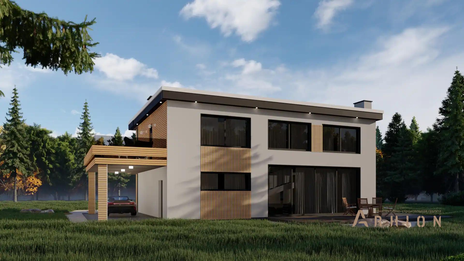 8. Проект двухэтажного дома в стиле хай-тек с плоской кровлей , H-1111, площадью - 178 кв c терассой, балконом, гаражом, вторым светом