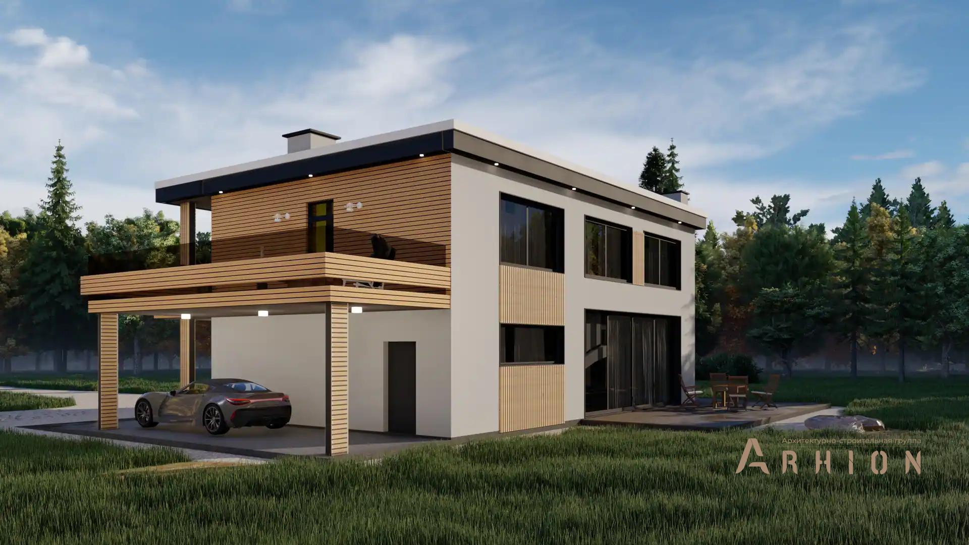 6. Проект двухэтажного дома в стиле хай-тек с плоской кровлей , H-1111, площадью - 178 кв c терассой, балконом, гаражом, вторым светом