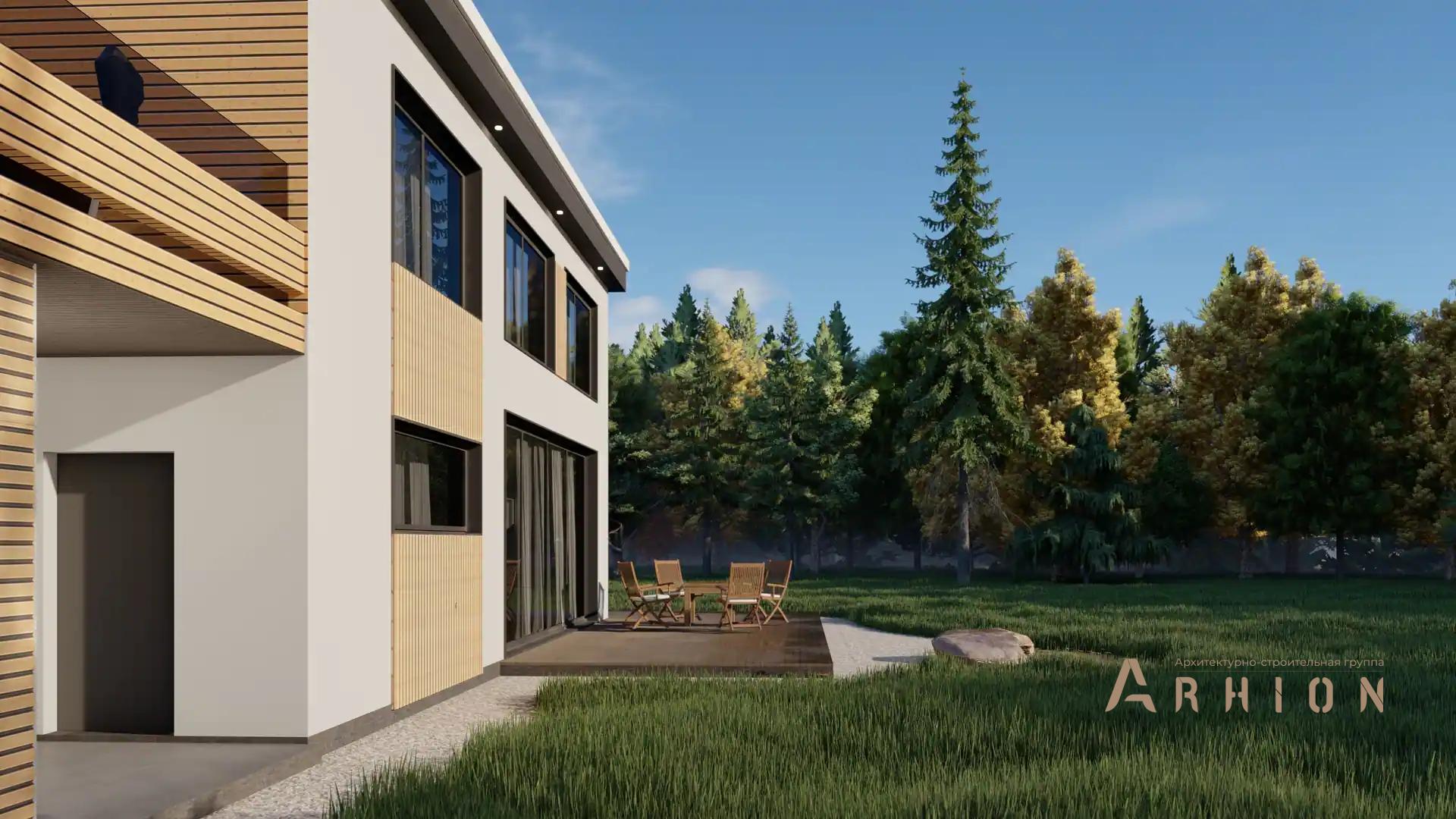 2. Проект двухэтажного дома в стиле хай-тек с плоской кровлей , H-1111, площадью - 178 кв c терассой, балконом, гаражом, вторым светом