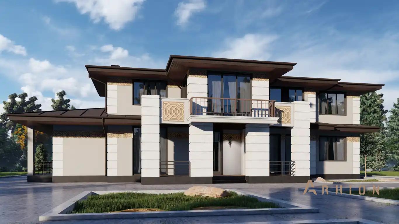 1. Проект двухэтажного дома в стиле Ллойда Райта (прерий) с четырехскатной, H-1112, площадью - 586 кв c сауной, терассой, балконом, бассейном, вторым светом