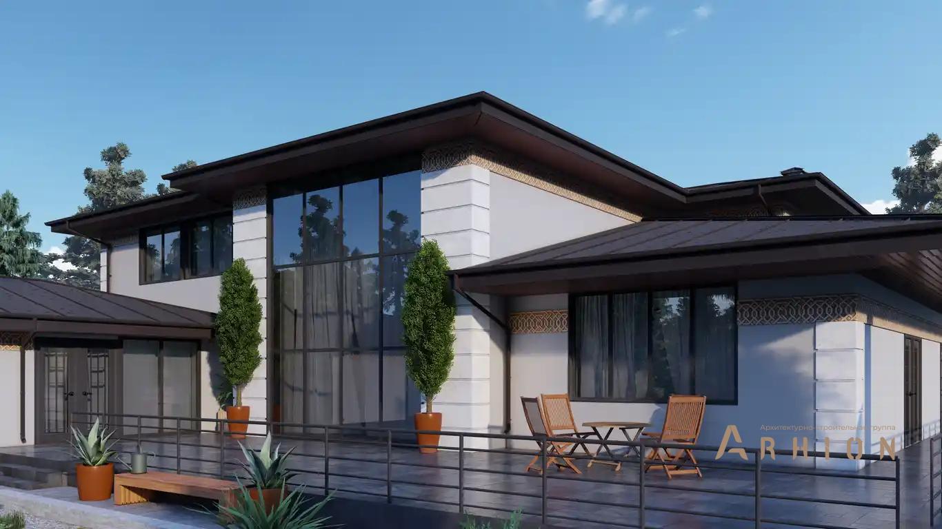 7. Проект двухэтажного дома в стиле Ллойда Райта (прерий) с четырехскатной, H-1112, площадью - 586 кв c сауной, терассой, балконом, бассейном, вторым светом