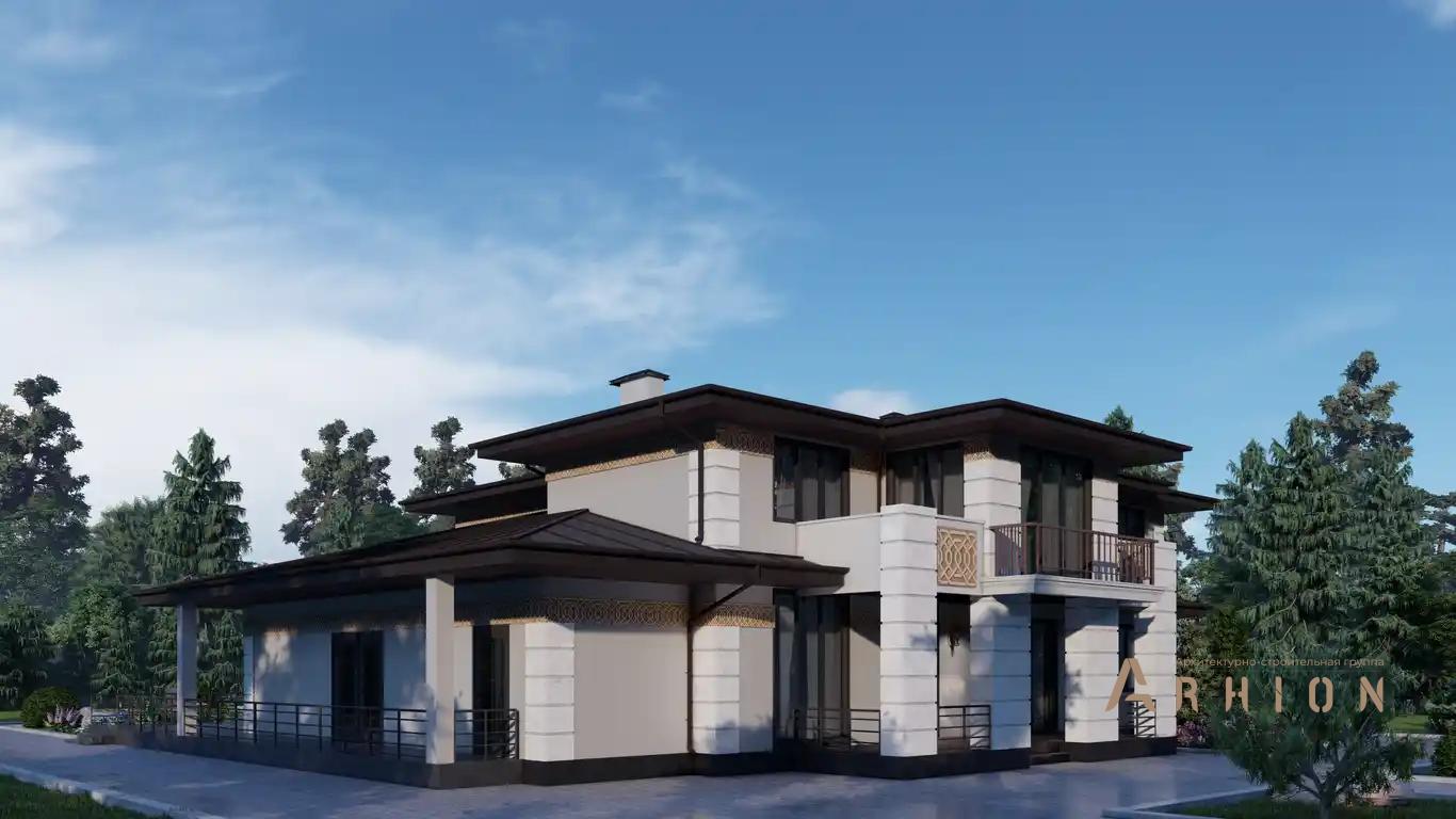 6. Проект двухэтажного дома в стиле Ллойда Райта (прерий) с четырехскатной, H-1112, площадью - 586 кв c сауной, терассой, балконом, бассейном, вторым светом