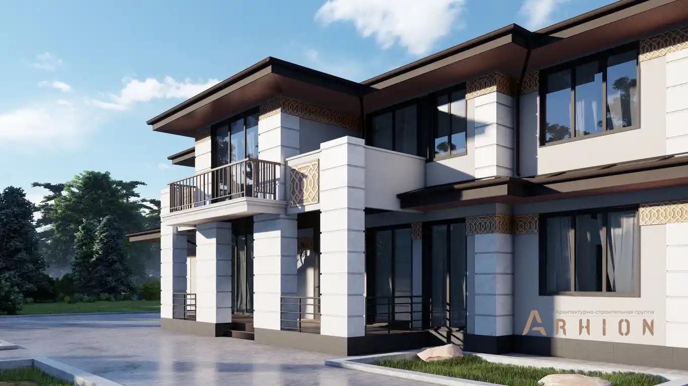 5. Проект двухэтажного дома в стиле Ллойда Райта (прерий) с четырехскатной, H-1112, площадью - 586 кв c сауной, терассой, балконом, бассейном, вторым светом