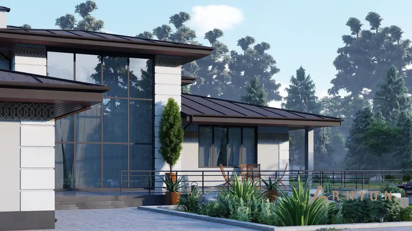 3. Проект двухэтажного дома в стиле Ллойда Райта (прерий) с четырехскатной, H-1112, площадью - 586 кв c сауной, терассой, балконом, бассейном, вторым светом