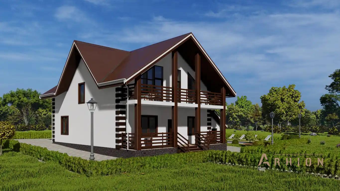 1. Проект двухэтажного дома в европейском стиле с многоскатной кровлей, H-1122, площадью - 250 кв c цокольным этажом, мансардой, терассой, балконом