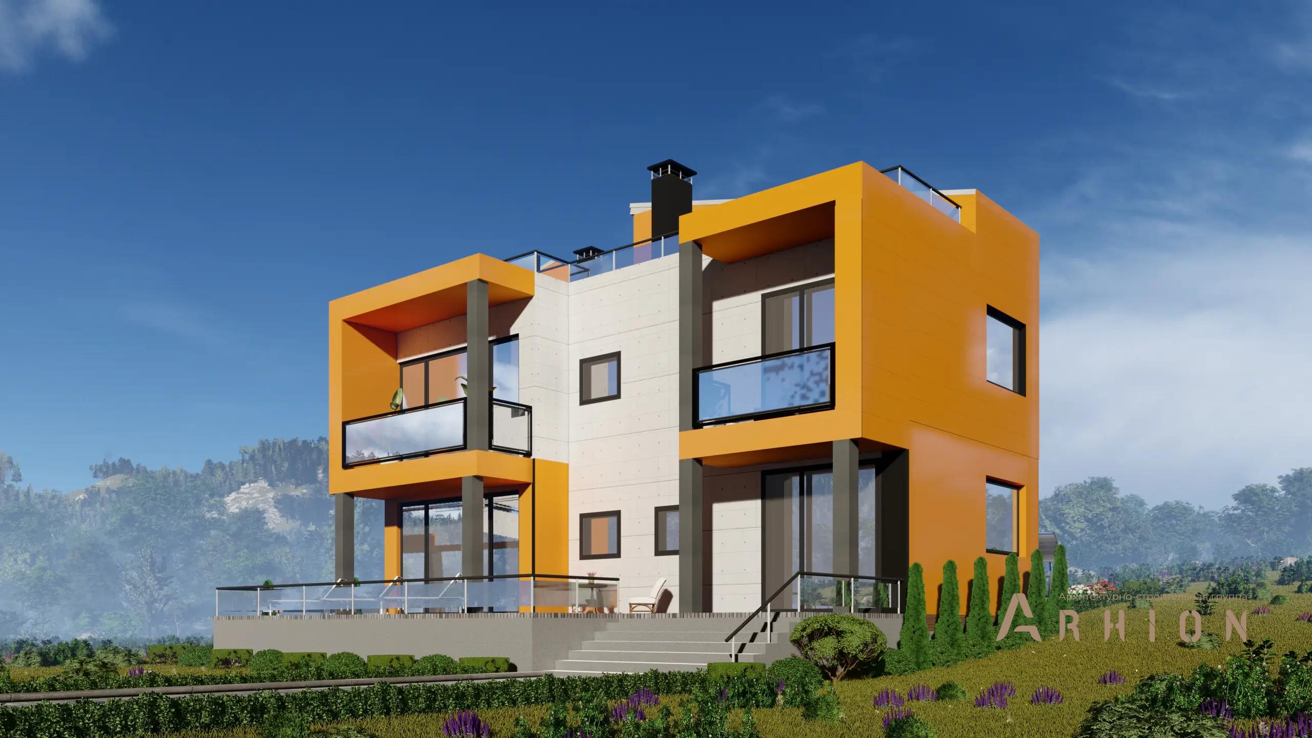 1. Проект двухэтажного дома в стиле хай-тек с плоской кровлей , H-1123, площадью - 167 кв c терассой, балконом