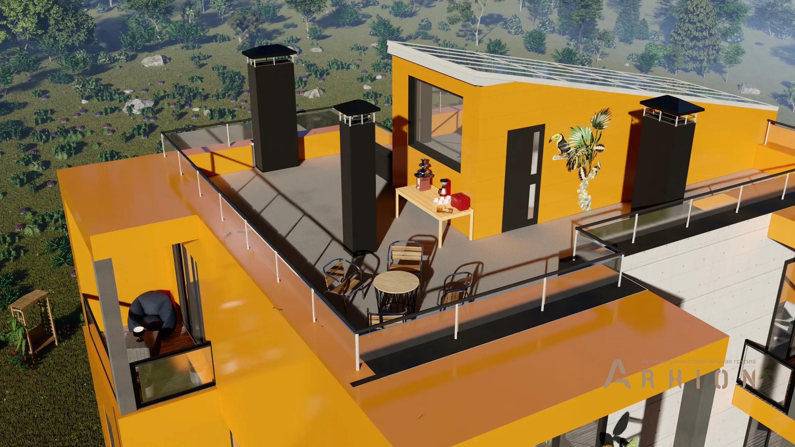 7. Проект двухэтажного дома в стиле хай-тек с плоской кровлей , H-1123, площадью - 167 кв c терассой, балконом