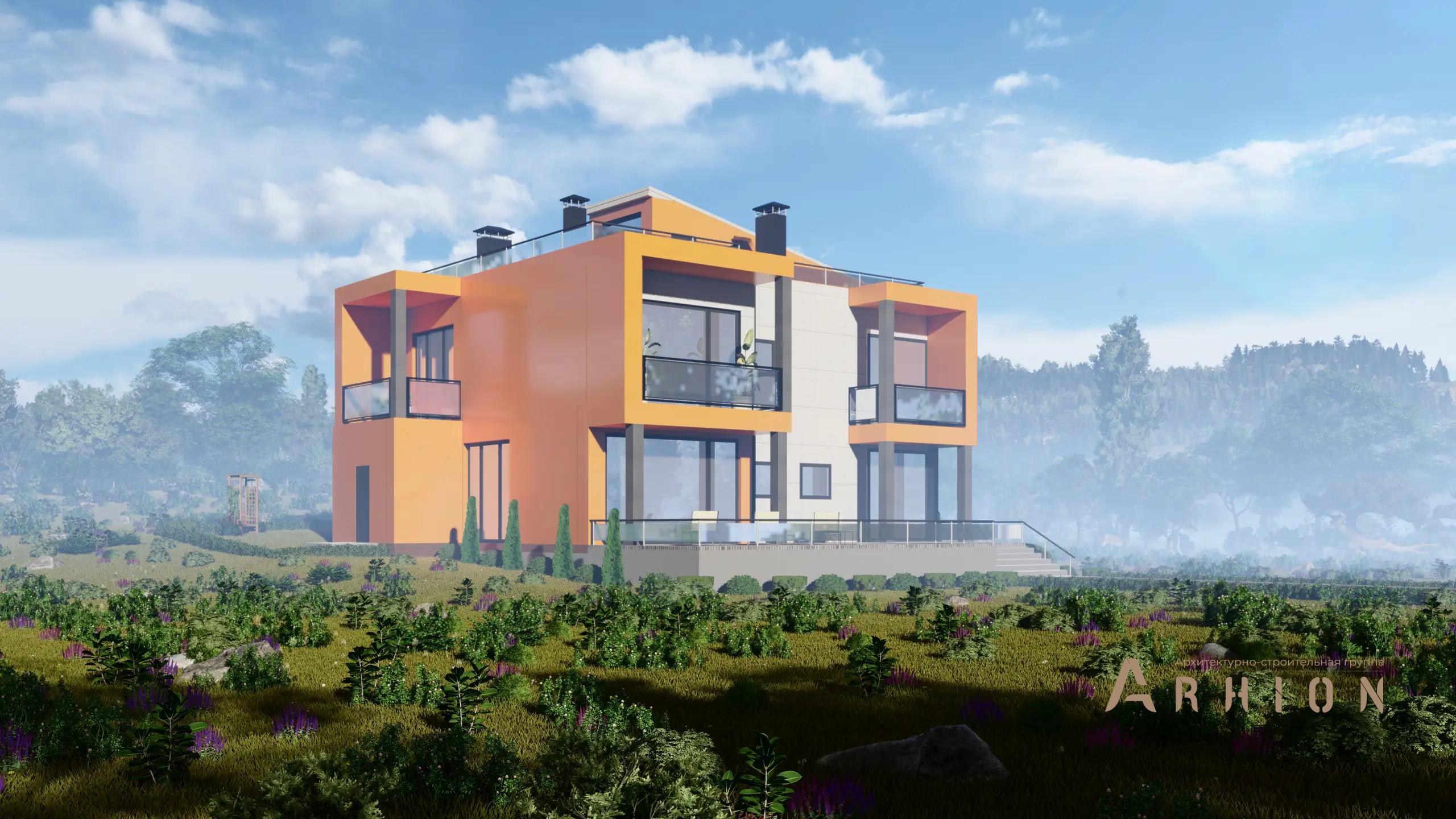 6. Проект двухэтажного дома в стиле хай-тек с плоской кровлей , H-1123, площадью - 167 кв c терассой, балконом