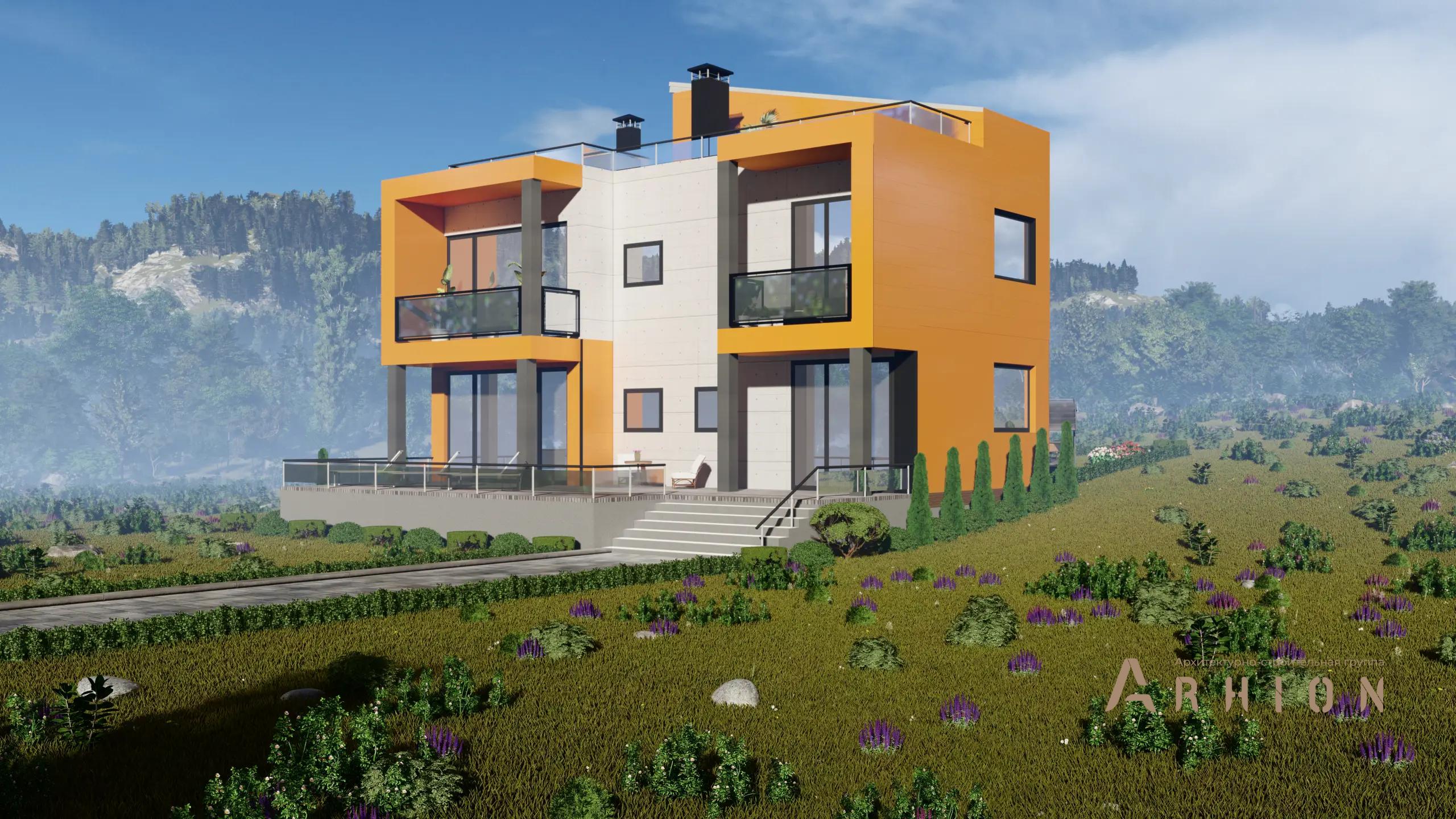 5. Проект двухэтажного дома в стиле хай-тек с плоской кровлей , H-1123, площадью - 167 кв c терассой, балконом