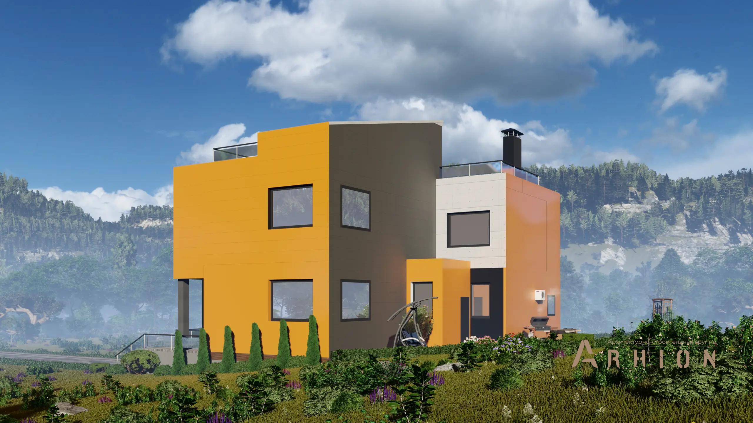 2. Проект двухэтажного дома в стиле хай-тек с плоской кровлей , H-1123, площадью - 167 кв c терассой, балконом