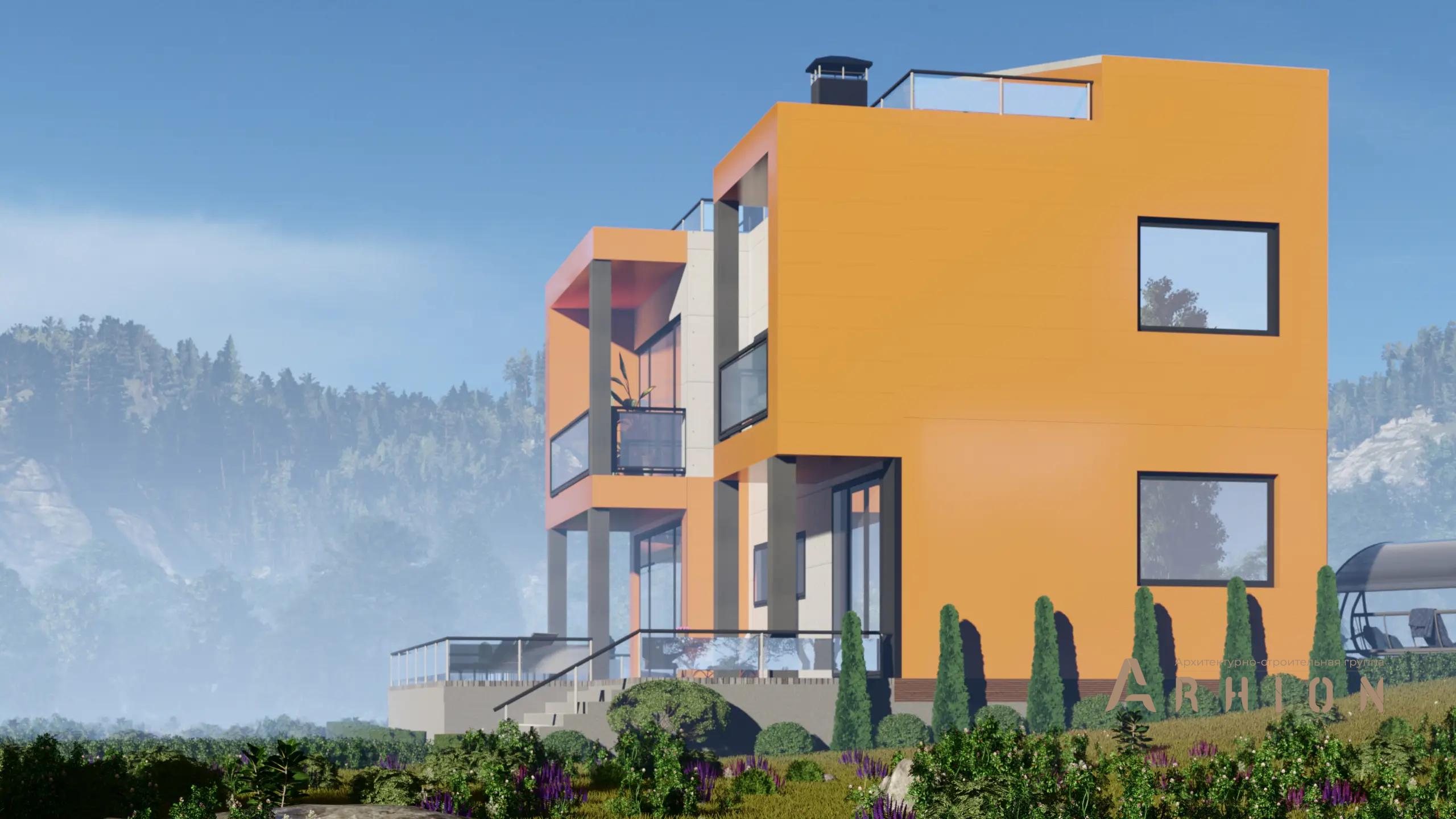 3. Проект двухэтажного дома в стиле хай-тек с плоской кровлей , H-1123, площадью - 167 кв c терассой, балконом