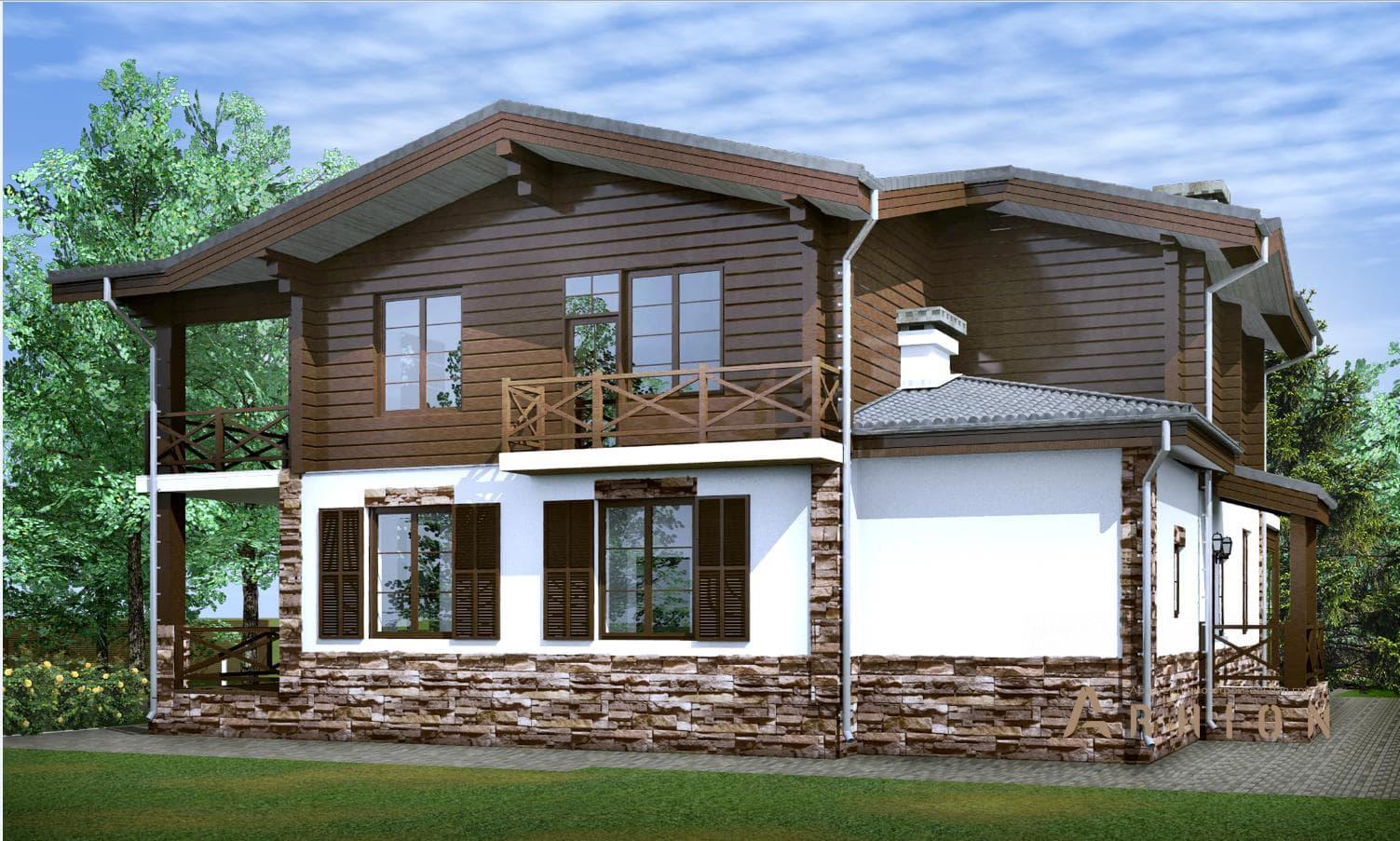 2. Проект двухэтажного дома в стиле шале с многоскатной кровлей, h-1127-2, площадью - 268 кв c сауной, терассой, балконом, вторым светом