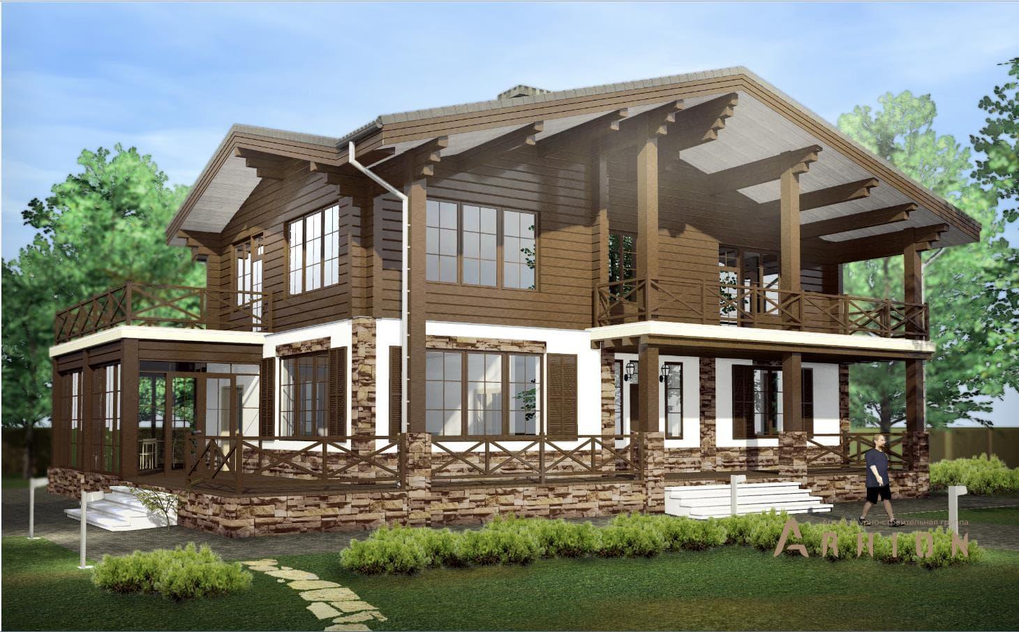 1. Проект двухэтажного дома в стиле шале с многоскатной кровлей, h-1127-2, площадью - 268 кв c сауной, терассой, балконом, вторым светом