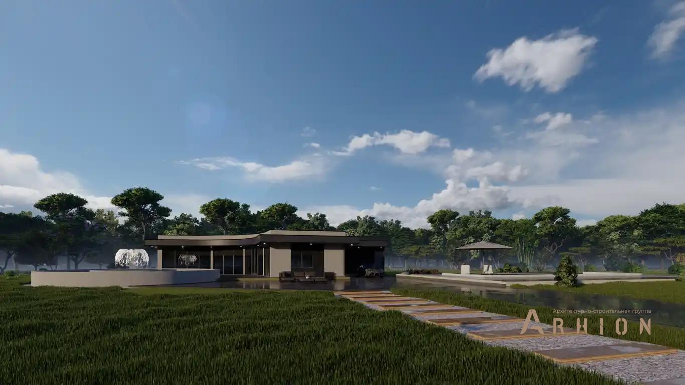 2. Проект одноэтажного дома в стиле хай-тек с плоской кровлей , H-1130, площадью - 209 кв c терассой, гаражом