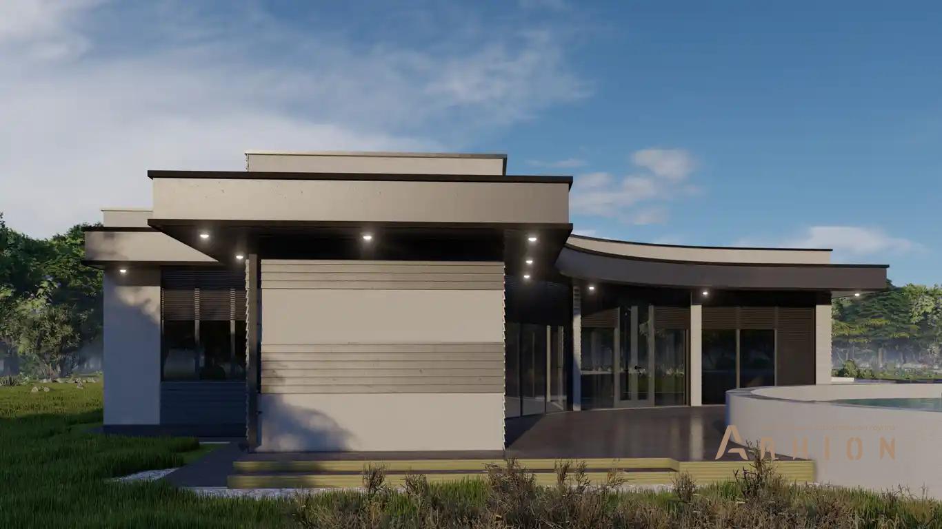 8. Проект одноэтажного дома в стиле хай-тек с плоской кровлей , H-1130, площадью - 209 кв c терассой, гаражом