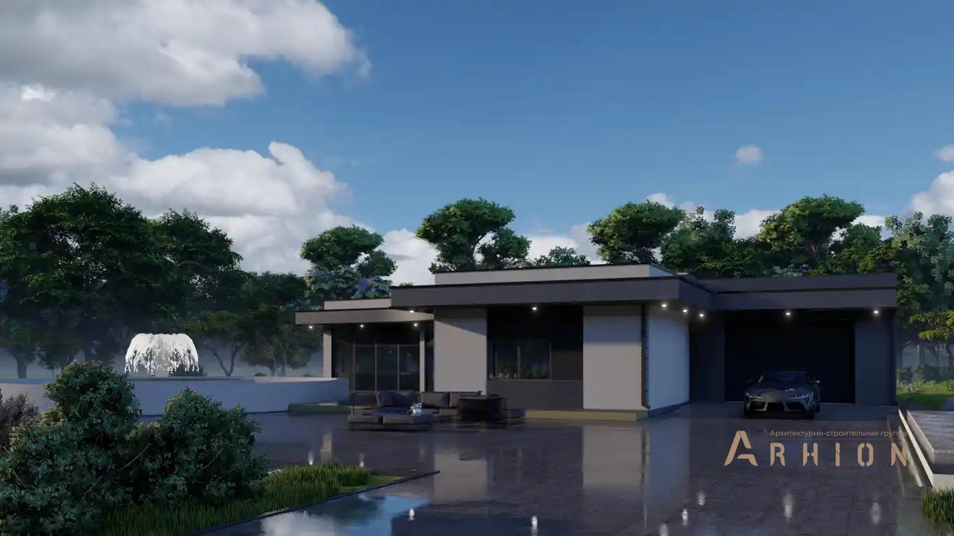 1. Проект одноэтажного дома в стиле хай-тек с плоской кровлей , H-1130, площадью - 209 кв c терассой, гаражом