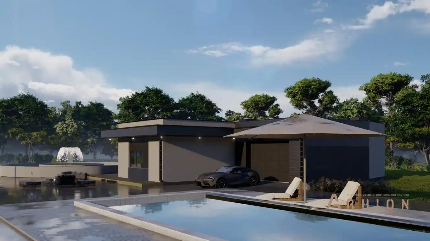 7. Проект одноэтажного дома в стиле хай-тек с плоской кровлей , H-1130, площадью - 209 кв c терассой, гаражом