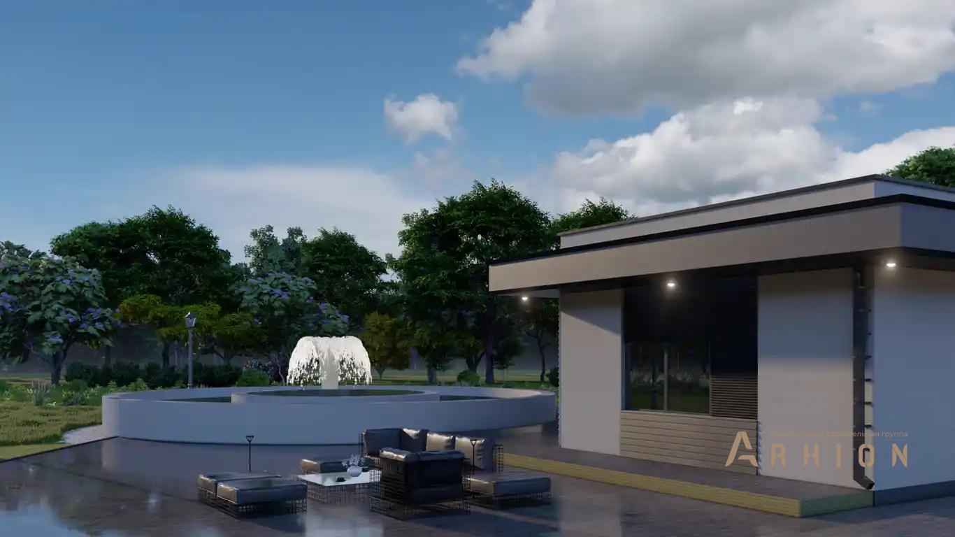 6. Проект одноэтажного дома в стиле хай-тек с плоской кровлей , H-1130, площадью - 209 кв c терассой, гаражом