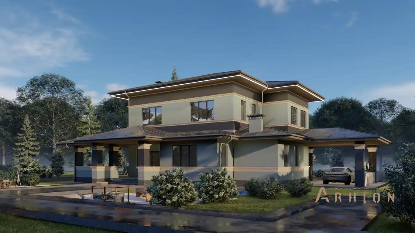 1. Проект двухэтажного дома в стиле Ллойда Райта (прерий) с многоскатной кровлей, H-1132, площадью - 200 кв c сауной, терассой, гаражом, эркером