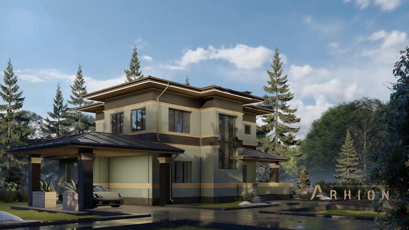 8. Проект двухэтажного дома в стиле Ллойда Райта (прерий) с многоскатной кровлей, H-1132, площадью - 200 кв c сауной, терассой, гаражом, эркером