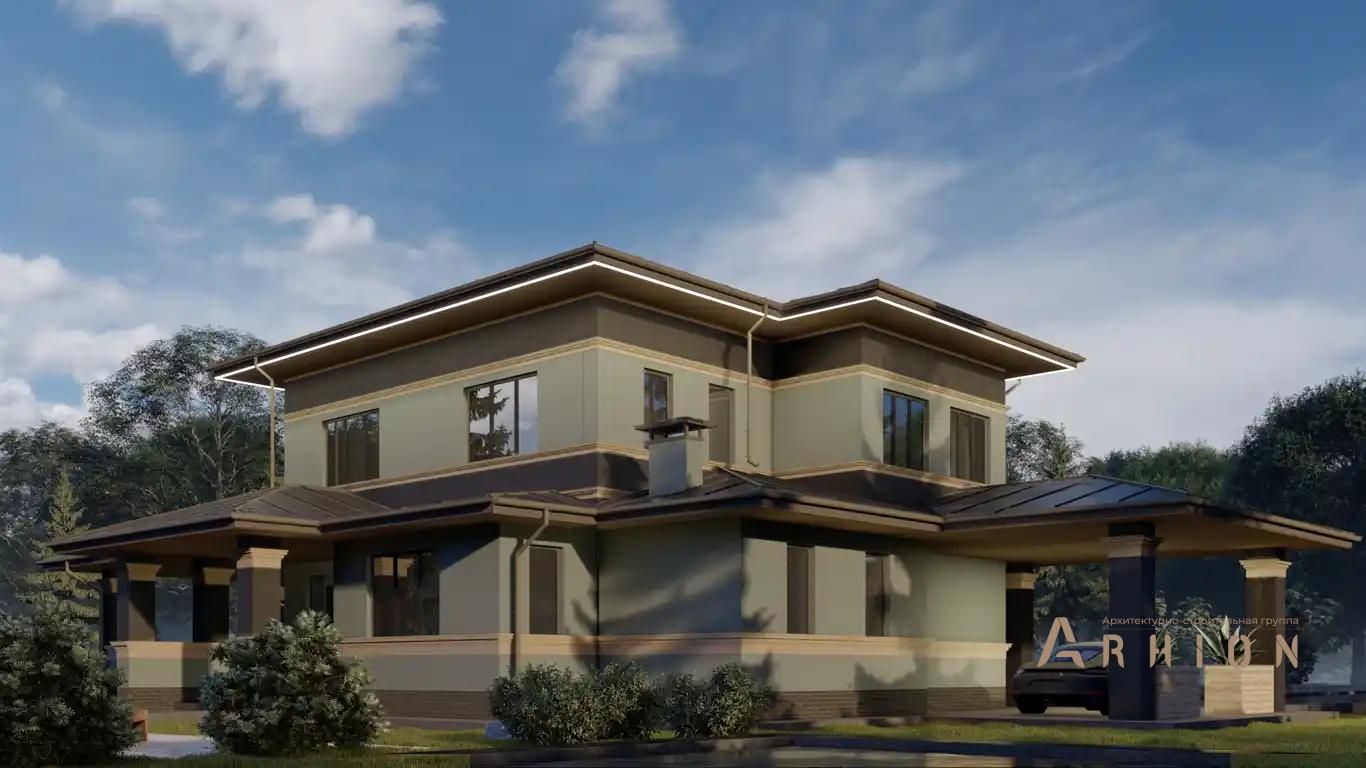 4. Проект двухэтажного дома в стиле Ллойда Райта (прерий) с многоскатной кровлей, H-1132, площадью - 200 кв c сауной, терассой, гаражом, эркером