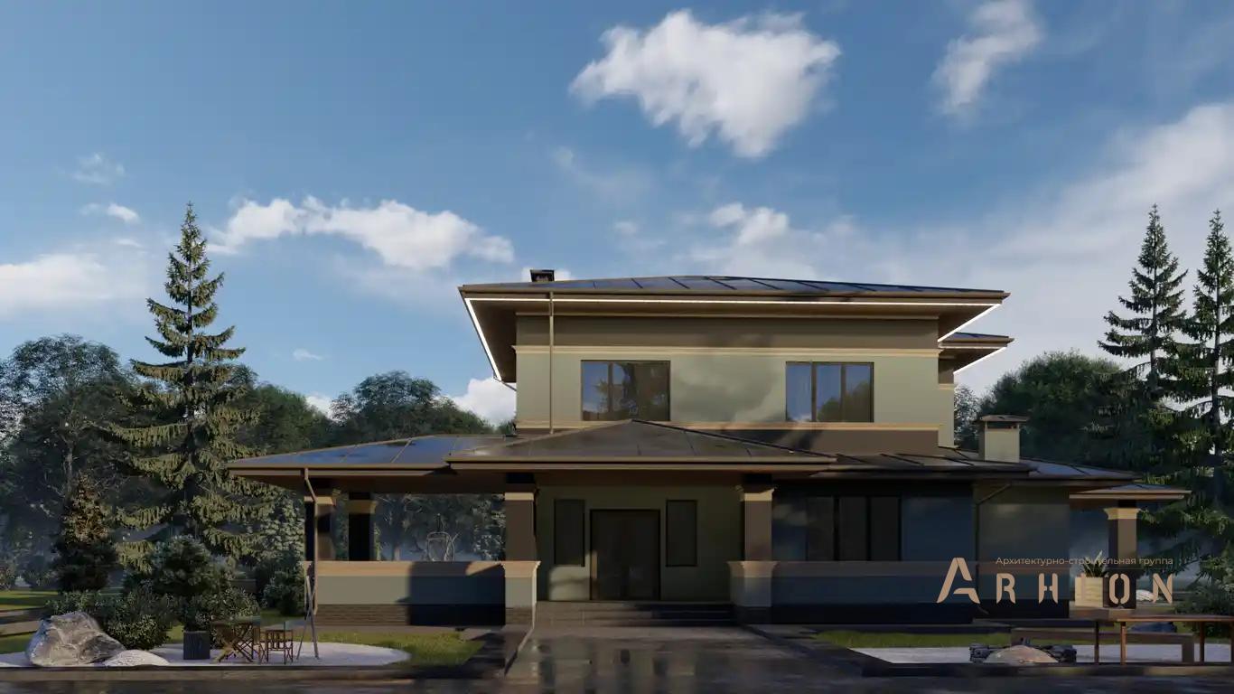 7. Проект двухэтажного дома в стиле Ллойда Райта (прерий) с многоскатной кровлей, H-1132, площадью - 200 кв c сауной, терассой, гаражом, эркером